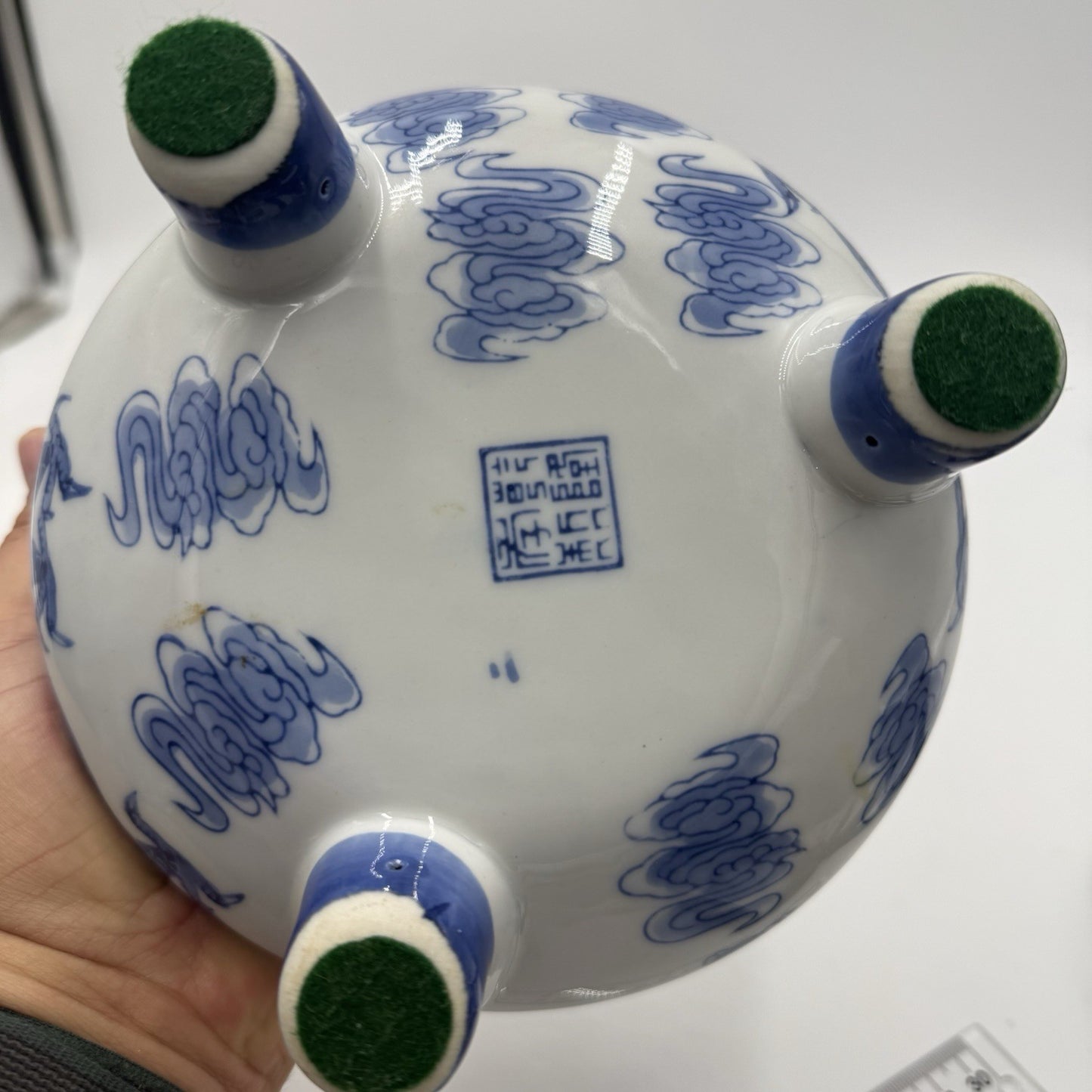 Vtg Quainlong Chinese Incense Burner Bowl Porcelain Marked Dragons Tripod Handle