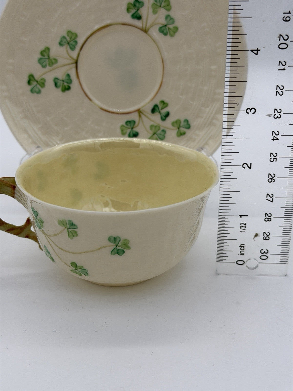 Belleek Irish Porcelain Shamrock Teacup & Saucer 5th Green Mark 1955–1965