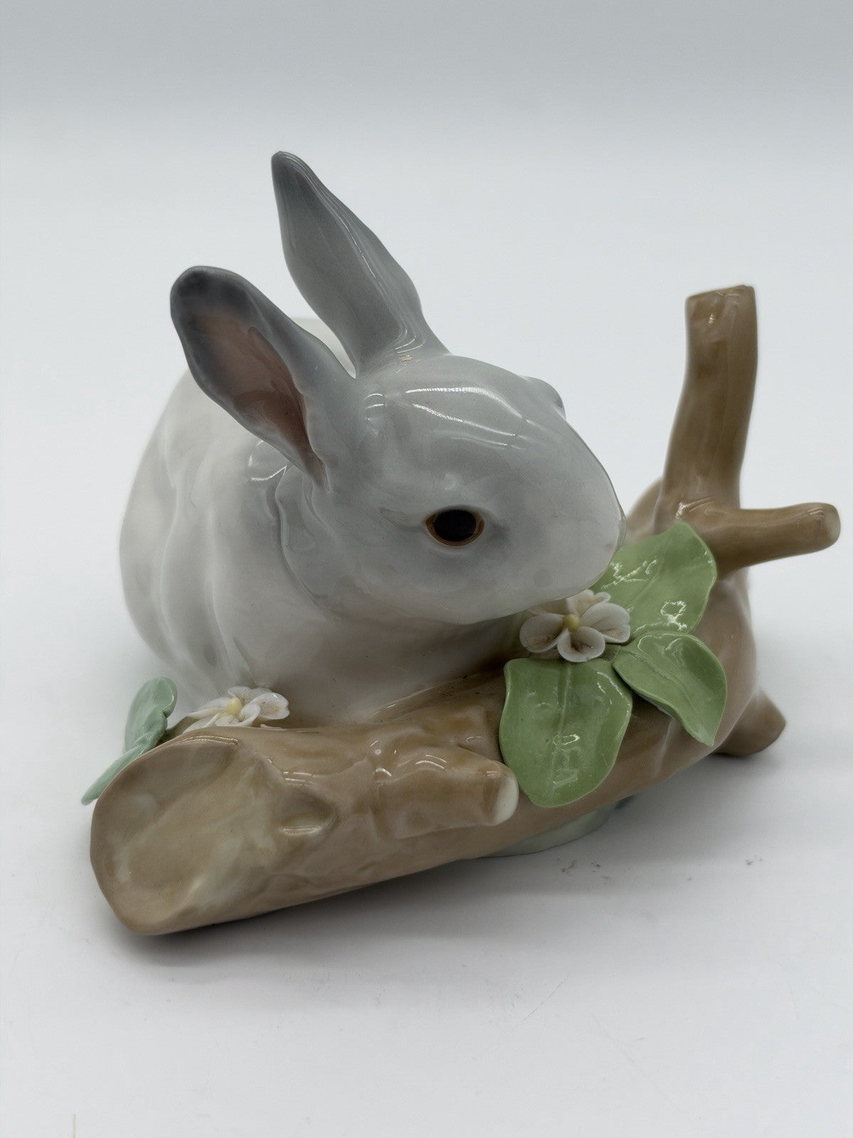 Lladro Spain Porcelain Bunny Rabbit Eating On Branch Gray /white Figurine Vintag