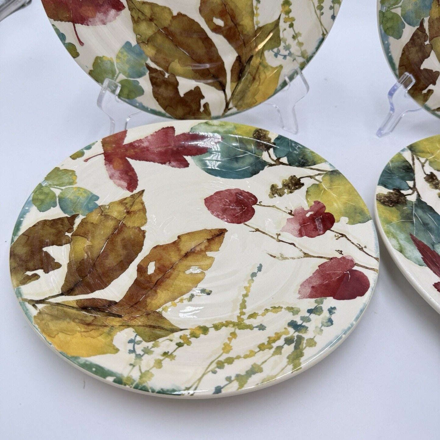 Pier 1 Imports WILLOW Dinner Plates Set 4 11” Fall Leaves Ironstone Ceramic