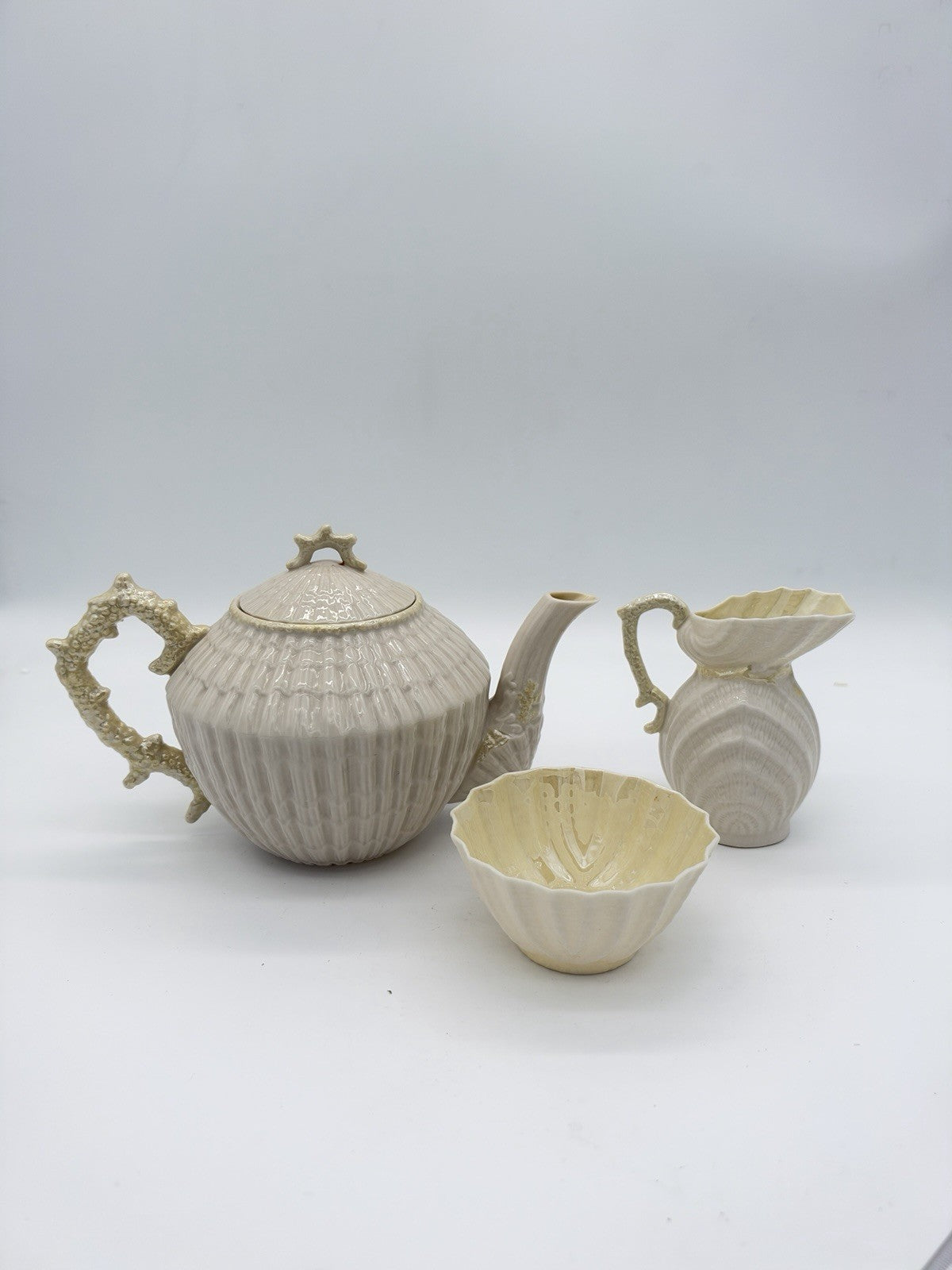 Belleek Ireland Limpet Shell Pattern Teapot Creamer &sugar Bowl 2nd Green Mark