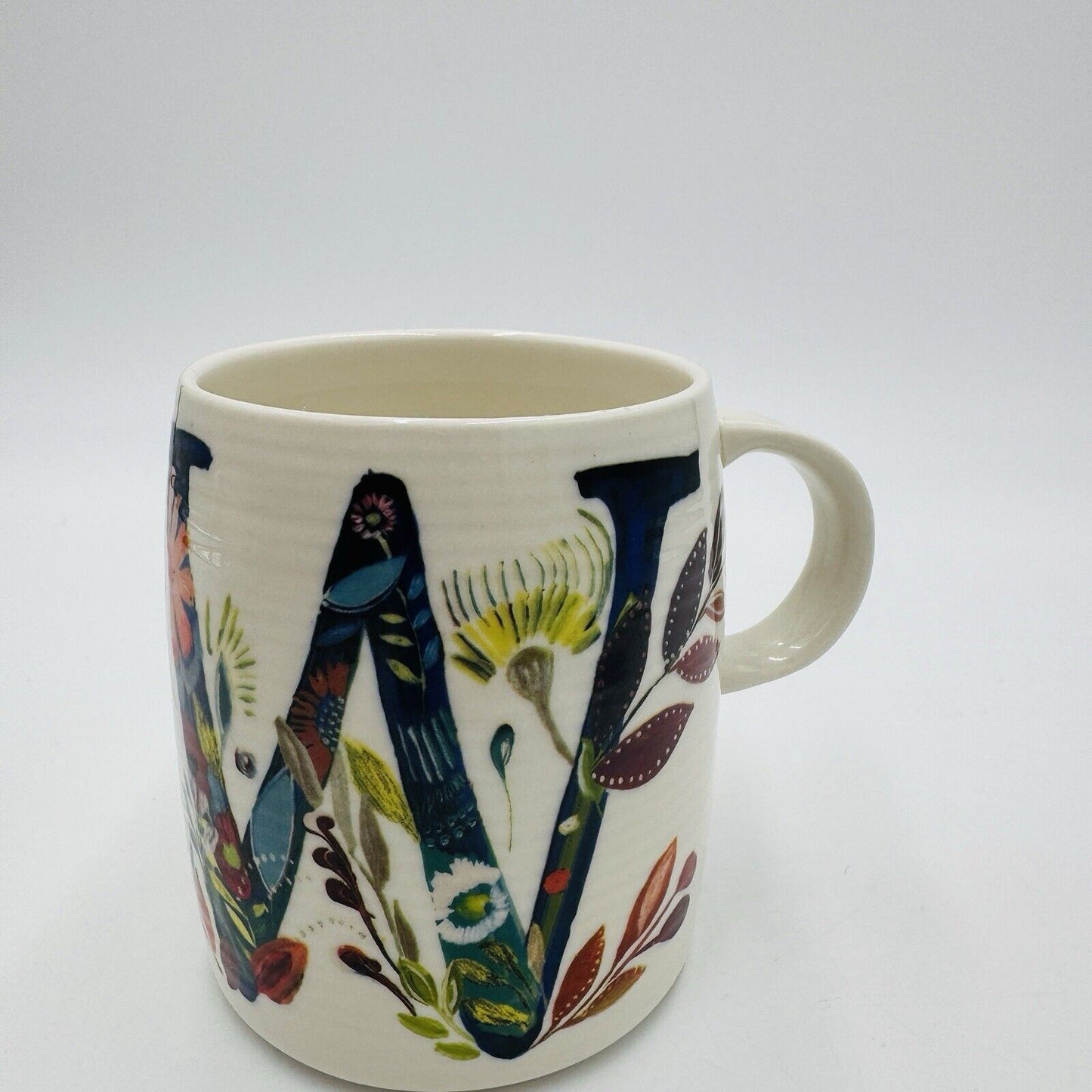 Anthropologie Starla M Halfmann Monogram Letter W Coffee Mug Floral Ceramic