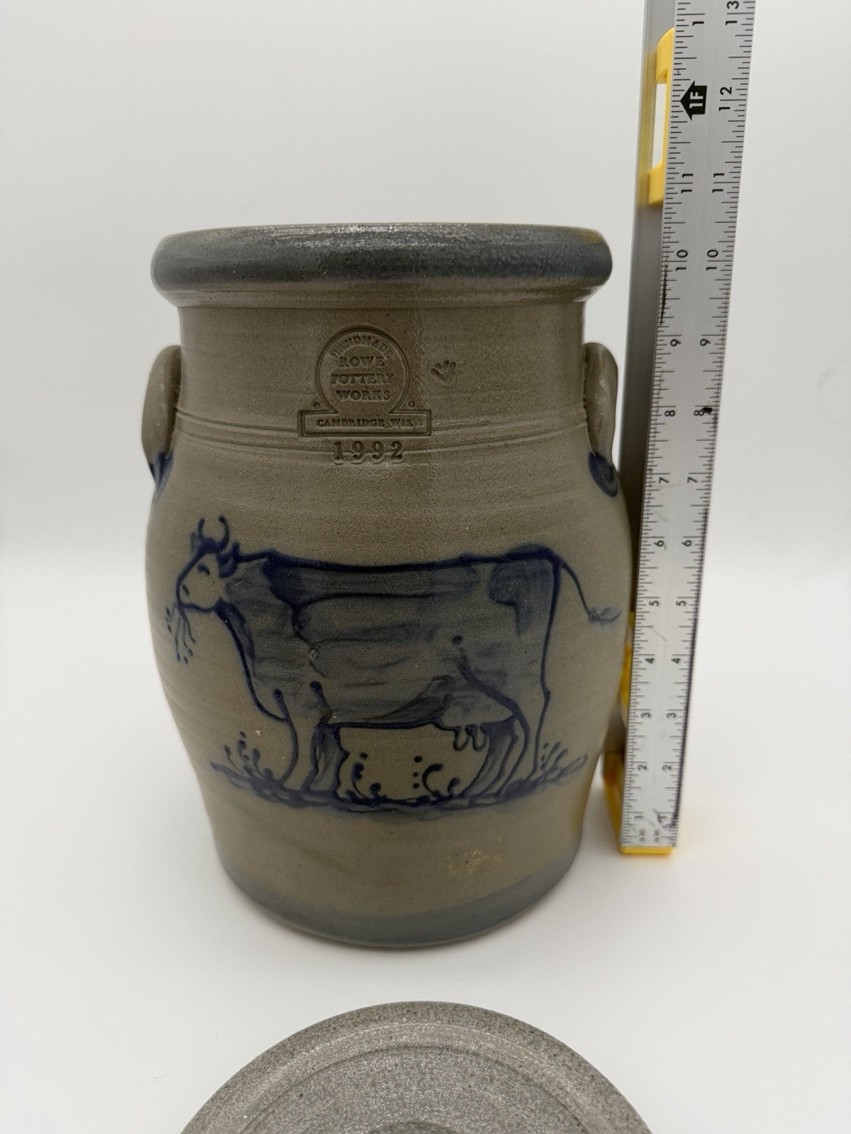 Rowe Pottery Works Lidded Canister Cow Salt Glaze Stoneware 10.75” Gallon 1990