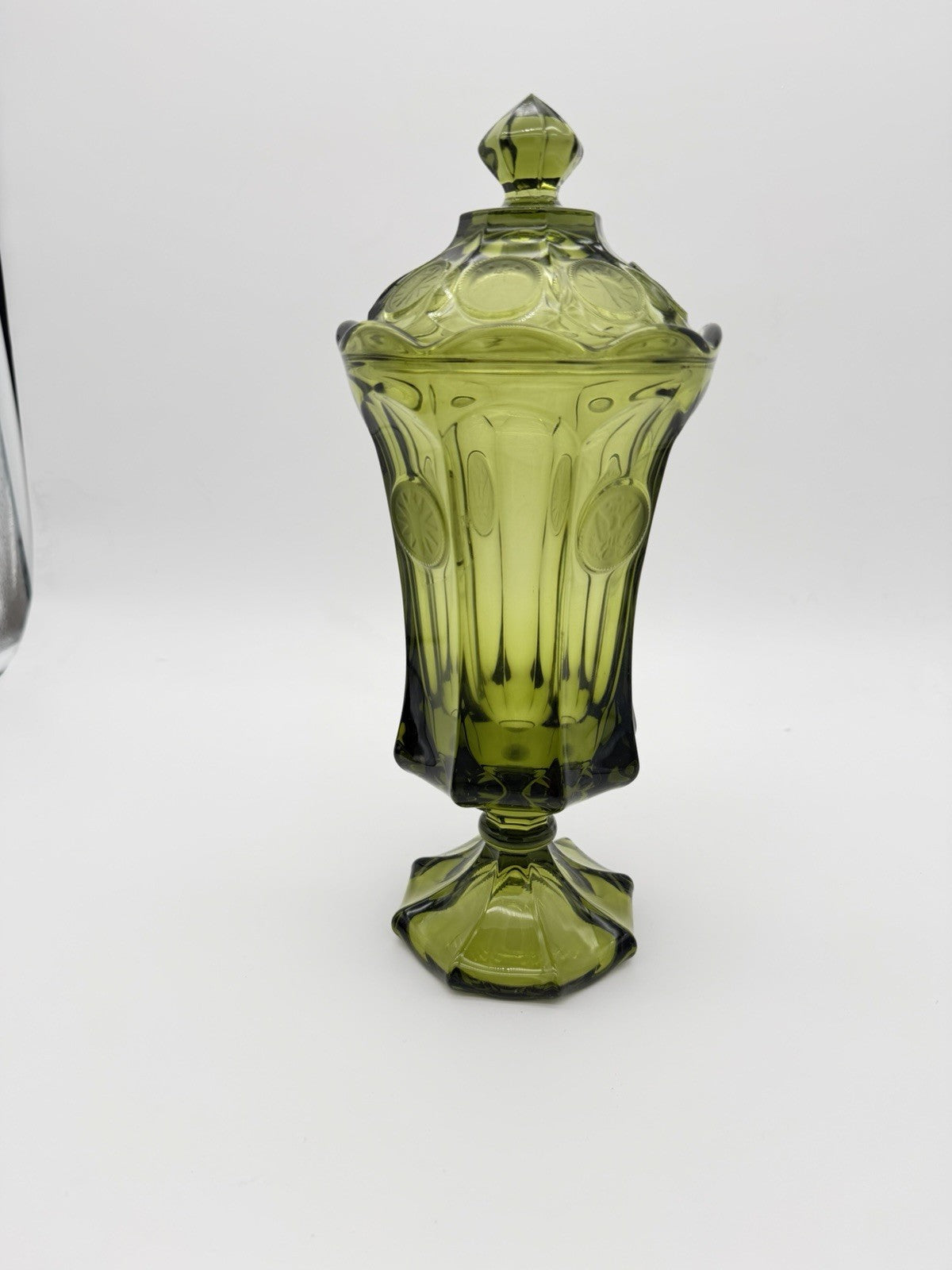 Fostoria Art Glass Embossed Coin 13”H olive Green Compote Lidded Urn Vase
