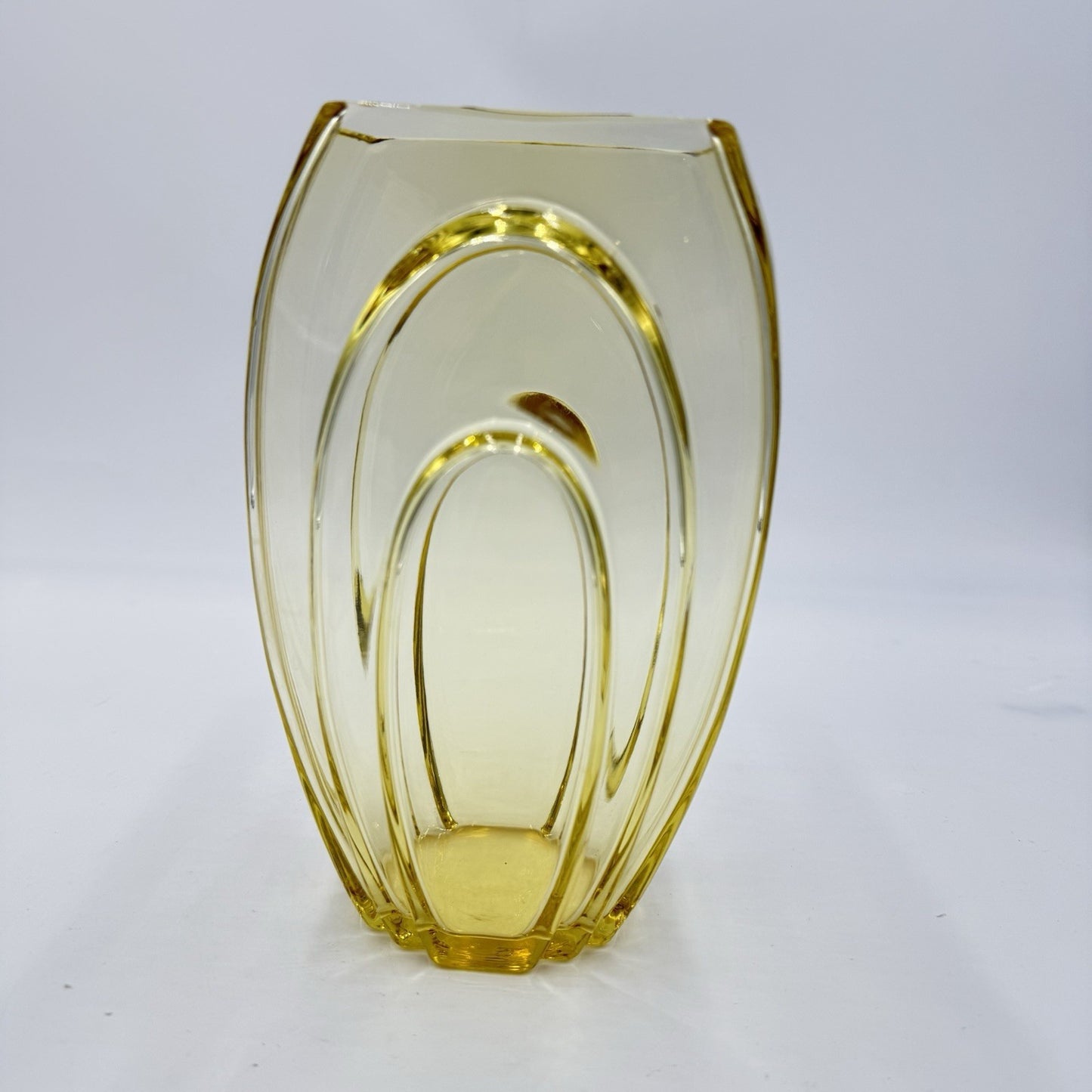 GEORGE SAKIER Fostoria Art Glass Amber Yellow MCM Vase 7.5” USA Rare