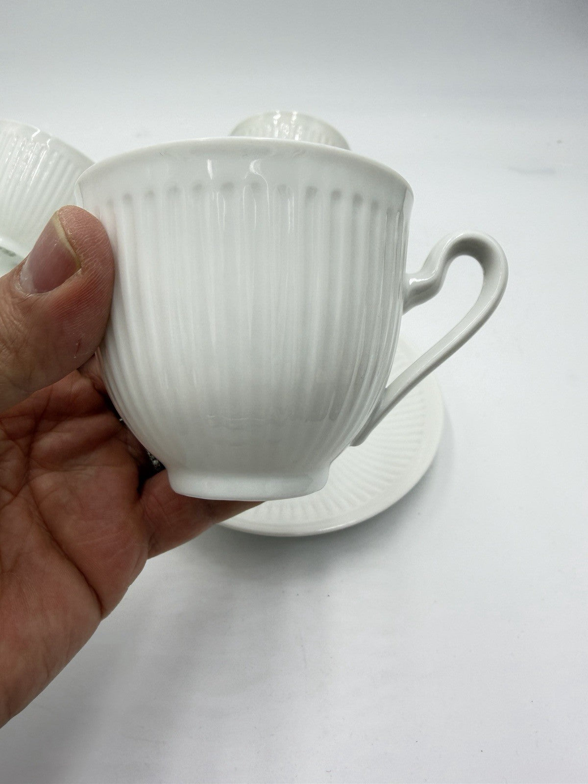 Royal Copenhagen Denmark White Georgiana Flat Demitasse Cups & Saucers 4 Sets
