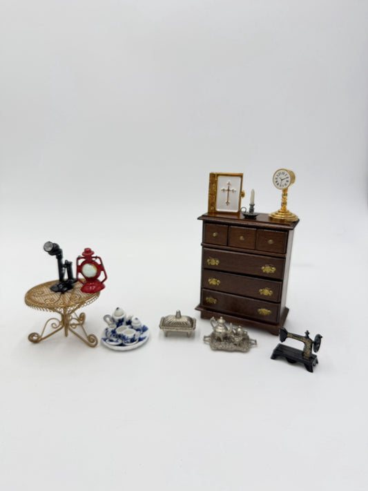 Vintage Dollhouse Furniture Miniature Lot Drawer Bible Clock Tea Set Table