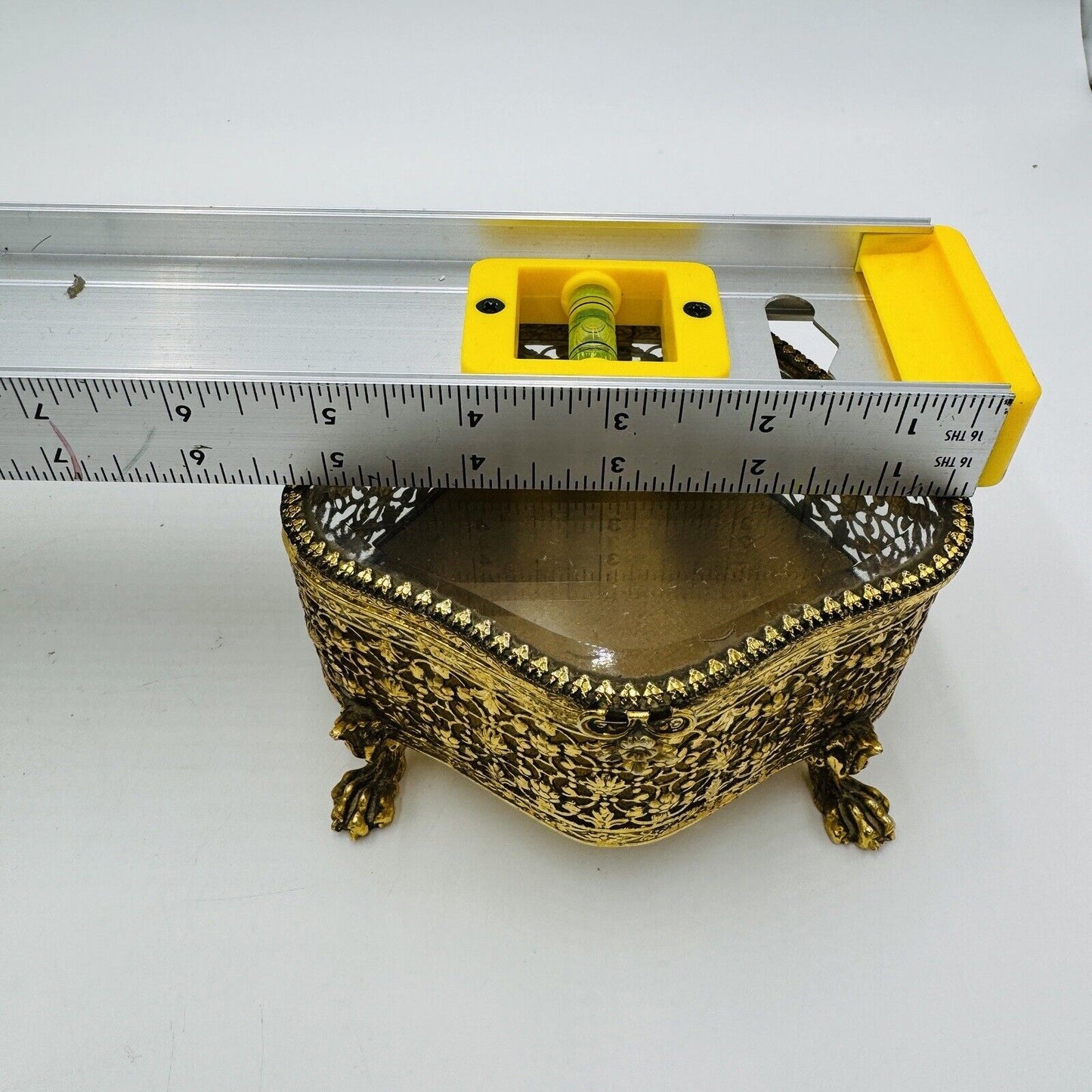 French Beveled Glass Gold Filigree Ormolu Jewelry Casket Box Claw Foot Vintage