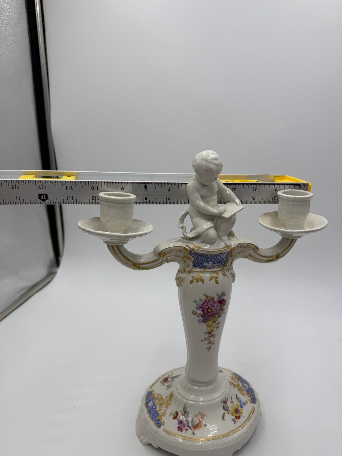 Rare 19th C KPM Berlin Rocaille porcelain candelabra kneeling reading putto 14”