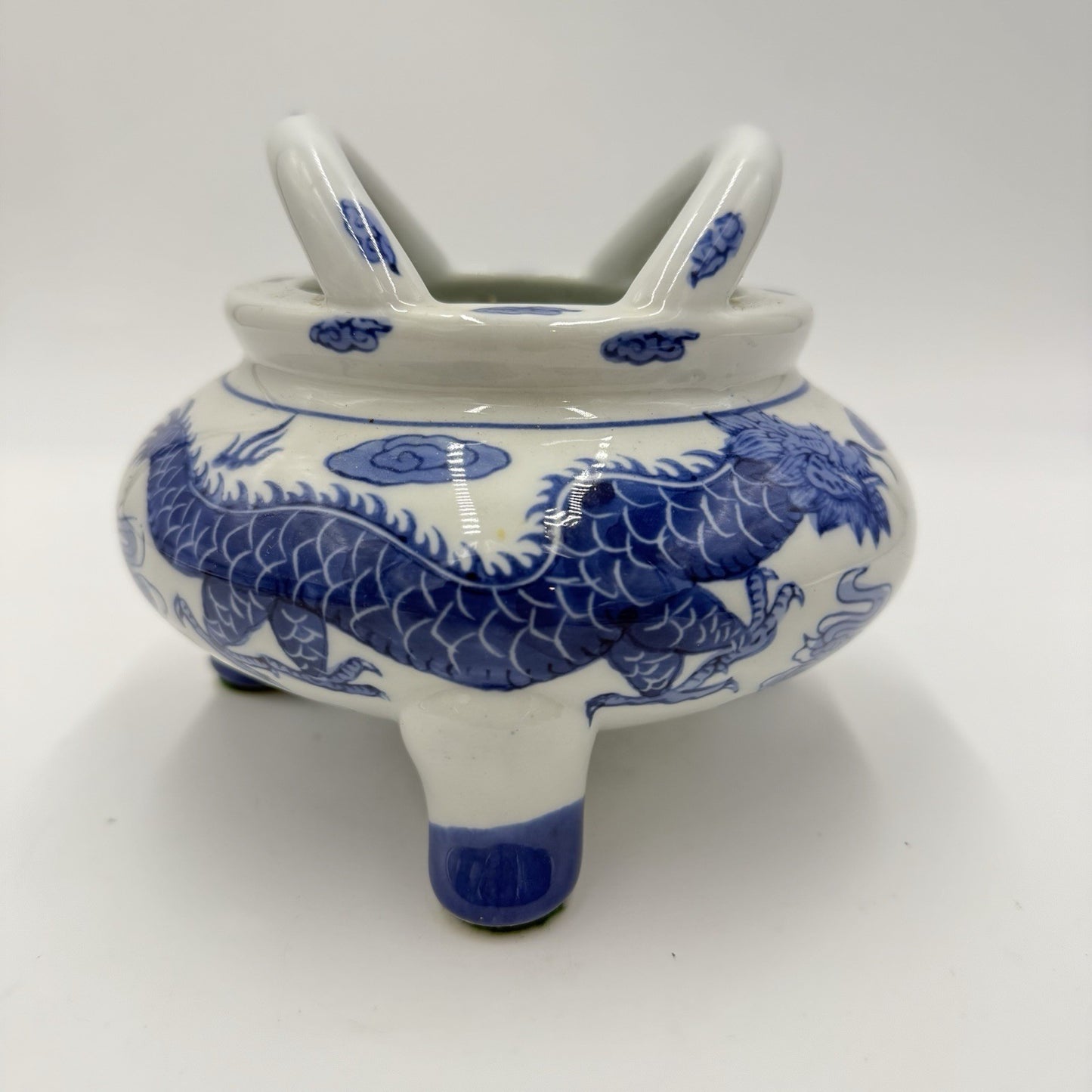 Vtg Quainlong Chinese Incense Burner Bowl Porcelain Marked Dragons Tripod Handle