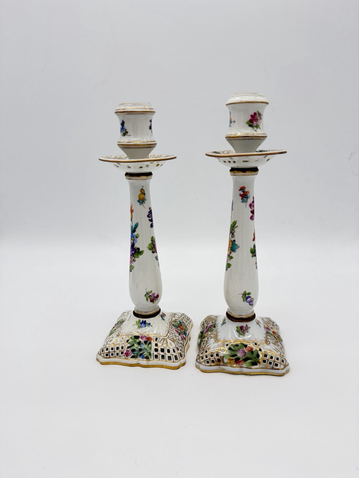 Antique  Dresden Porcelain Carl Thieme Saxony Reticulated 10" Candlestick Floral
