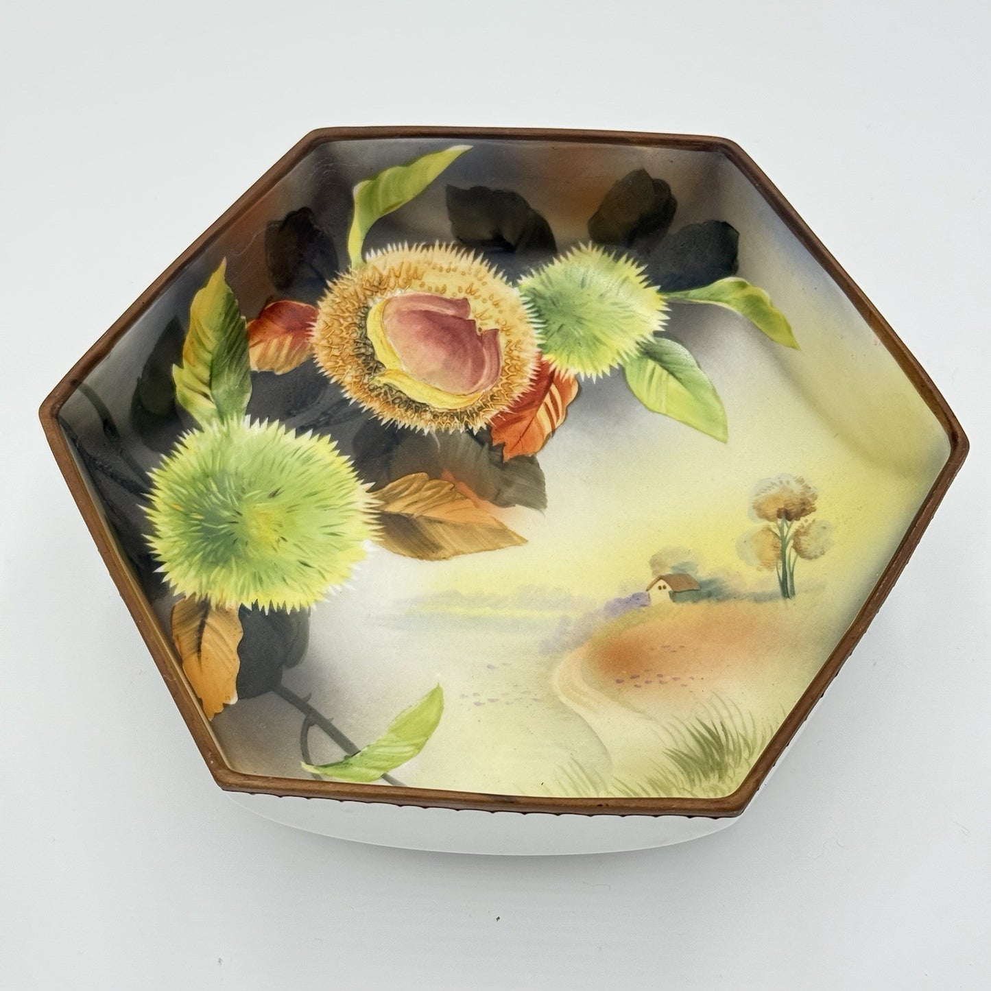 Antique Nippon Morimura Hand Painted Chestnuts  Bowl Circa 1911-1922 Hexagonal