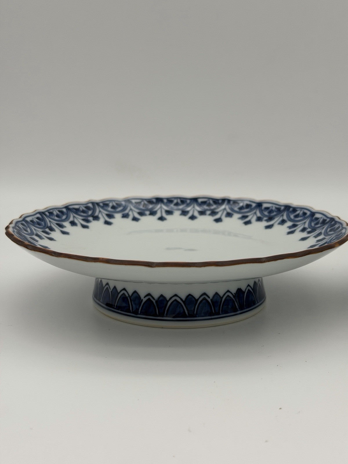 Antique Arita Japan Porcelain Blue /white Pedestal Painted Footed Serving Dish