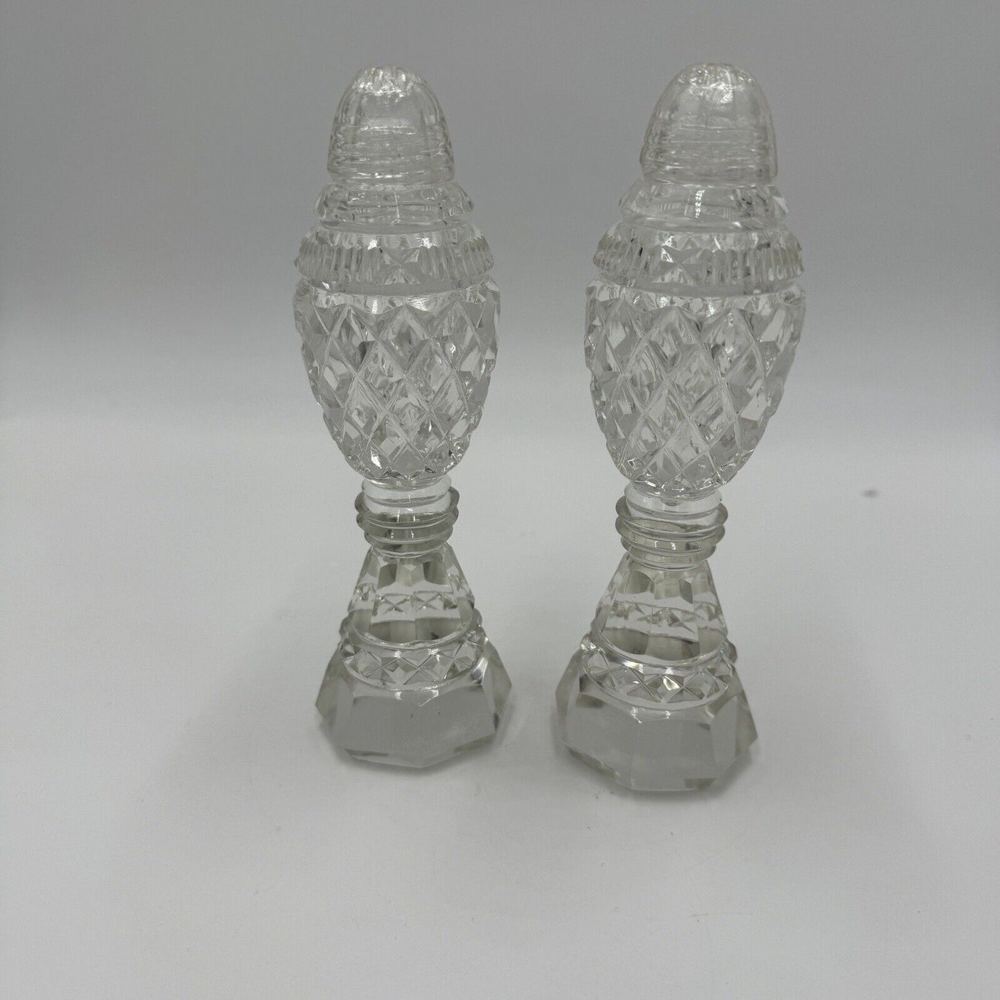 Antique Bohemian Czech Cut Glass Pedestal Salt & Pepper Shakers 6in H