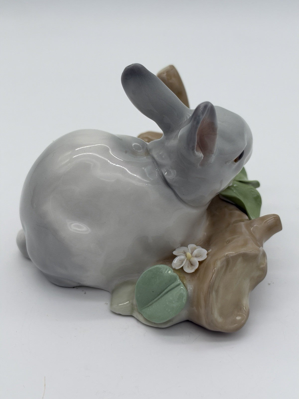 Lladro Spain Porcelain Bunny Rabbit Eating On Branch Gray /white Figurine Vintag