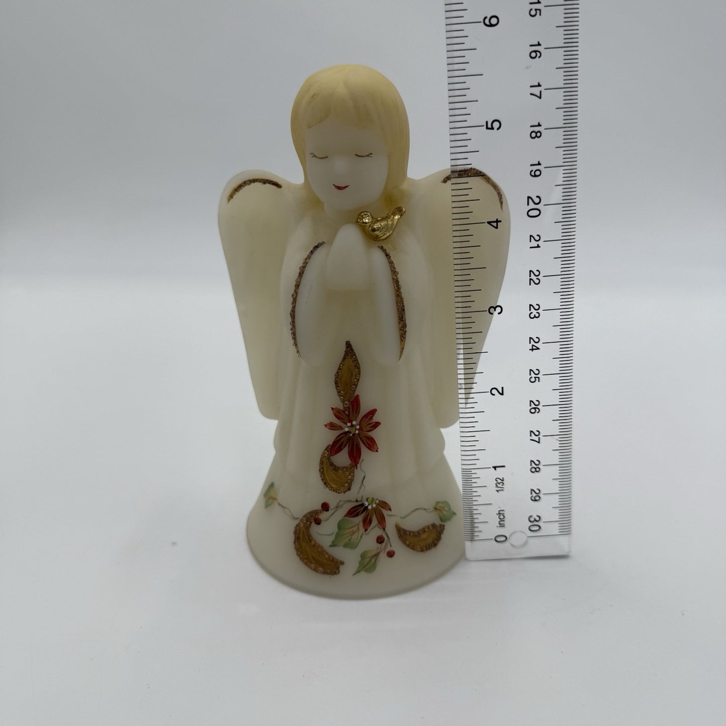 Fenton Art Glass Opal Satin Poinsettia Angel Bell Gold Bird Accents Hand Painted