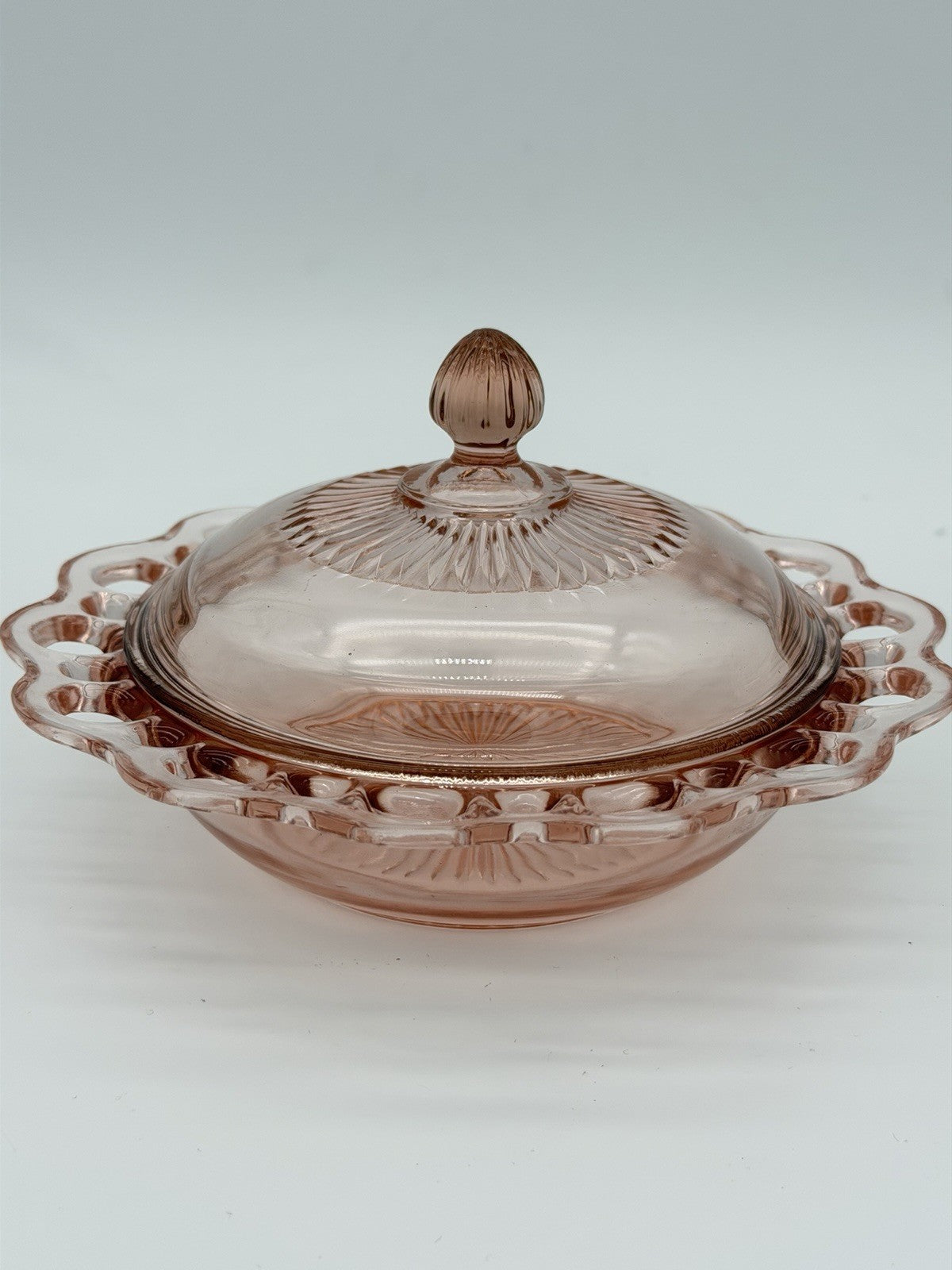 Vtg Anchor Hocking Art Glass Old Colony Lace Edge Pink Depression Butter Dish