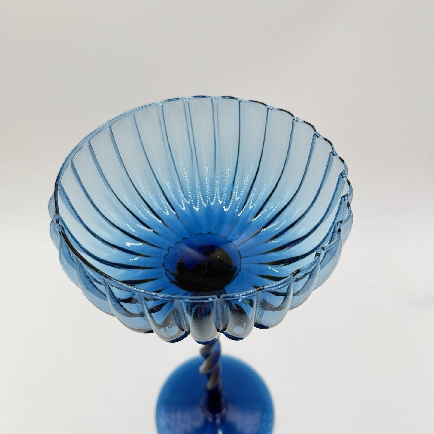 Vintage Empoli Italy Ribbed Optic Glass Twisted Stem Blue Compote 13”x6” MCM