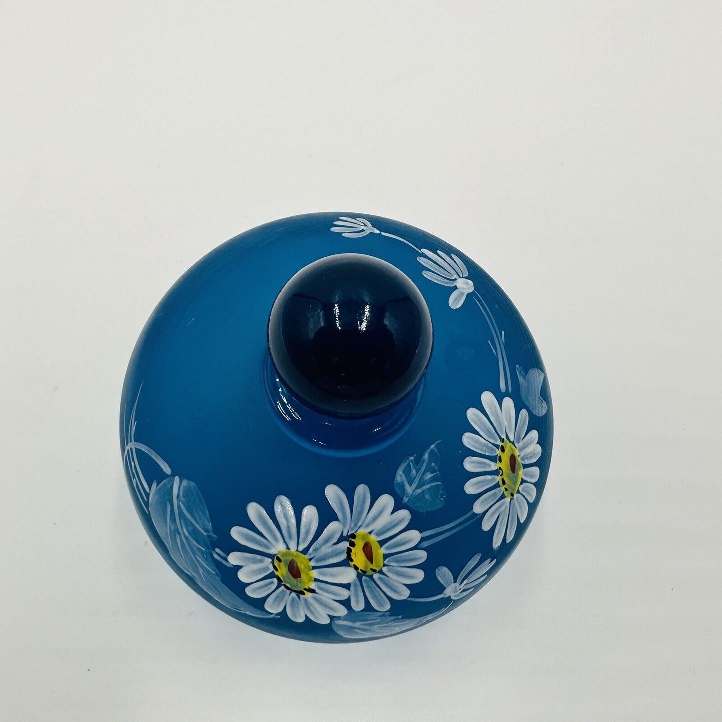 Westmoreland Vanity Dish Blue Satin Glass Lidded Trinket Hand Painted Daisies