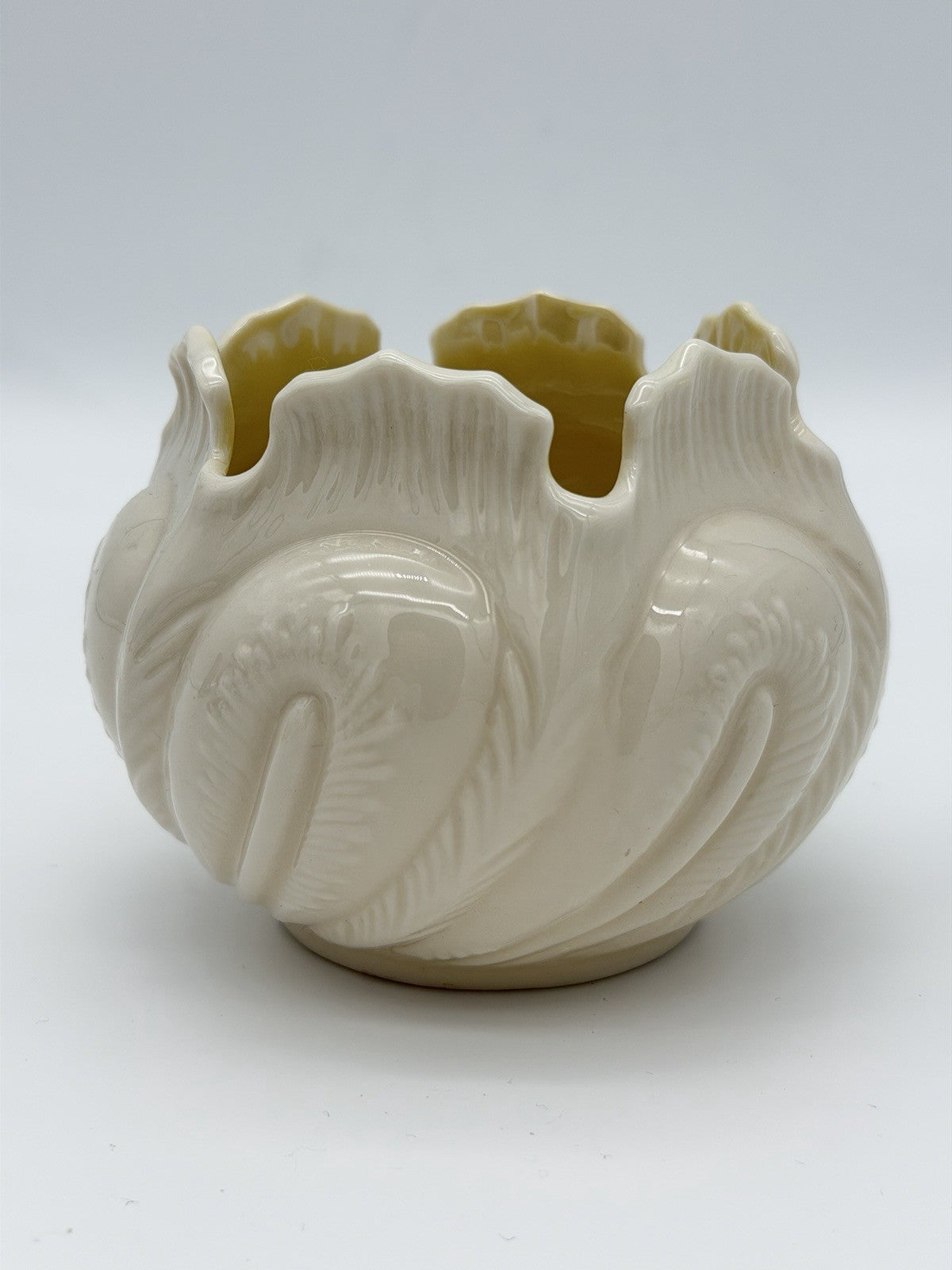 Belleek Ireland Porcelain Cabbage Leaf Planter Vase Yellow Luster  3 1/2” Vtg