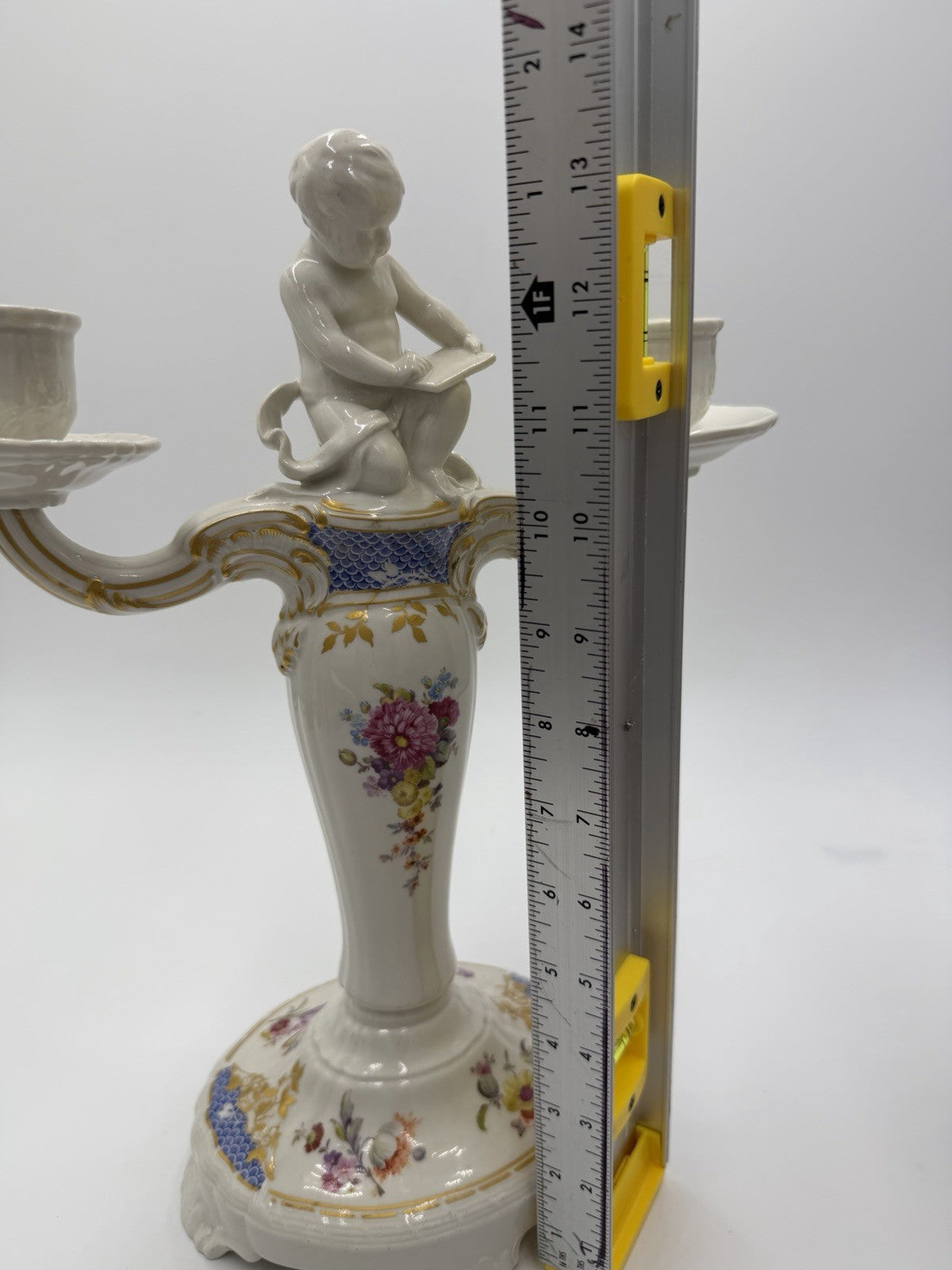 Rare 19th C KPM Berlin Rocaille porcelain candelabra kneeling reading putto 14”