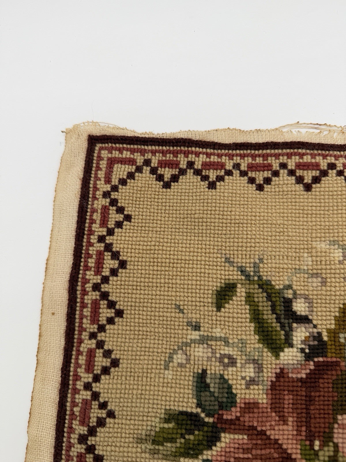 Antique Needlepoint Embroidery Victorian Roses Wool Embroidery panel top 12”x12”