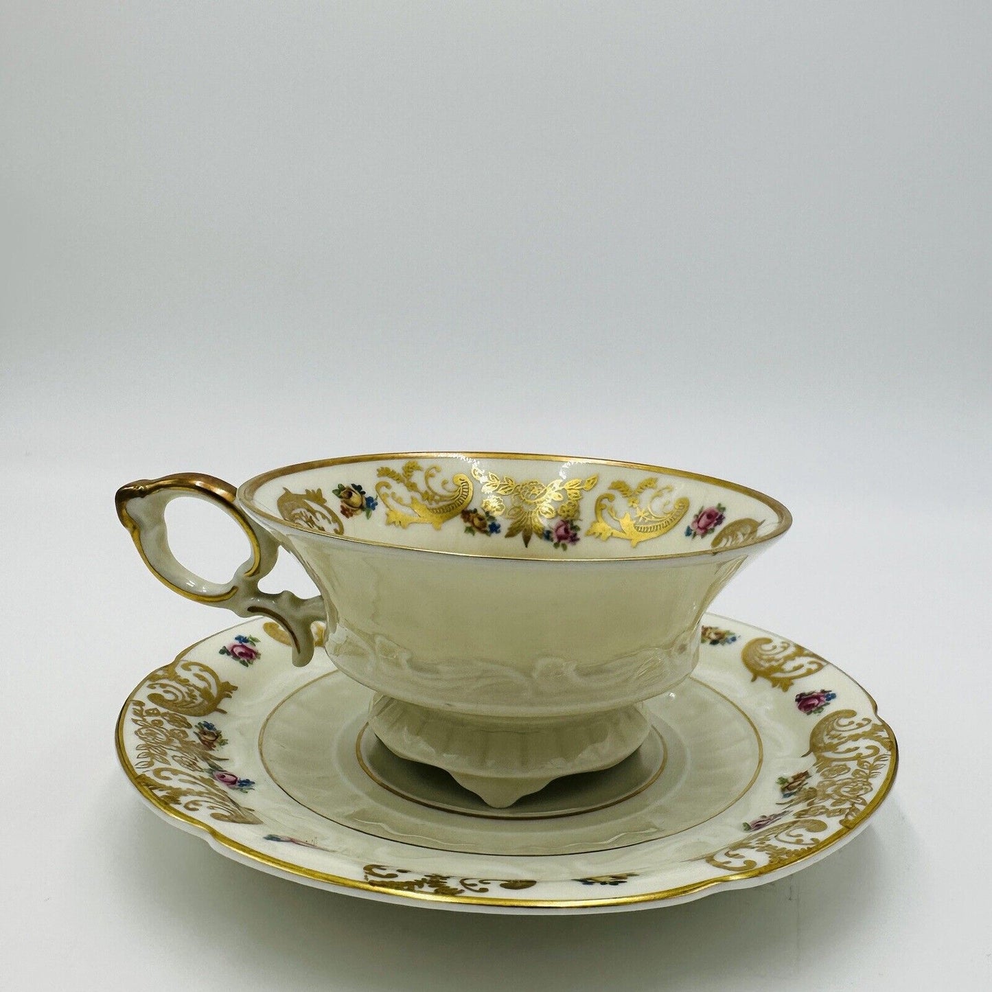 Hertel-Jacob Rehau Teacup Saucer Bavaria Porcelain 9624 Floral Gold Trim German