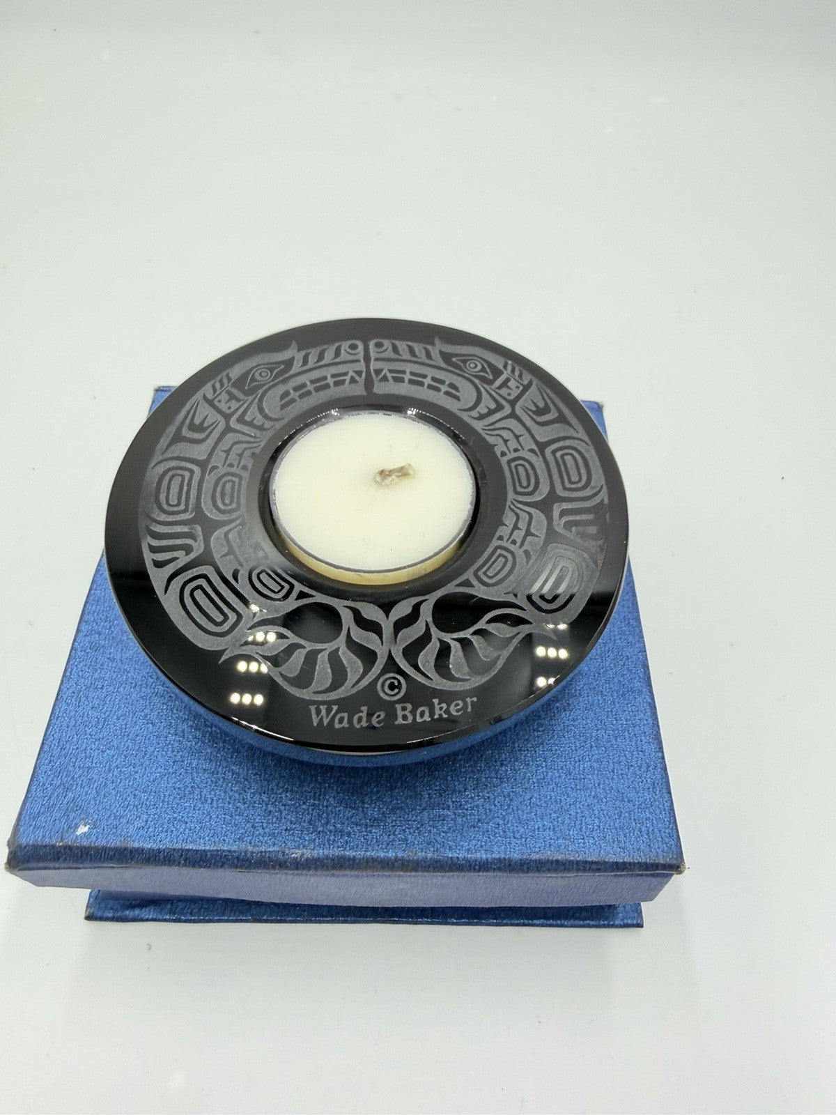 Wade Baker Double Wolf Spirit Etched Black Carved Glass Votive Candle Holder