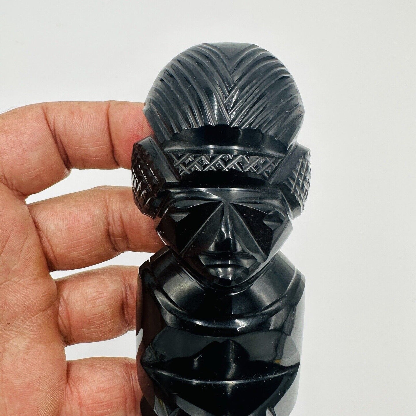 Black Obsidian Gold Sheen Hand Carved Aztec Mayan Idol Figurine 4.5in