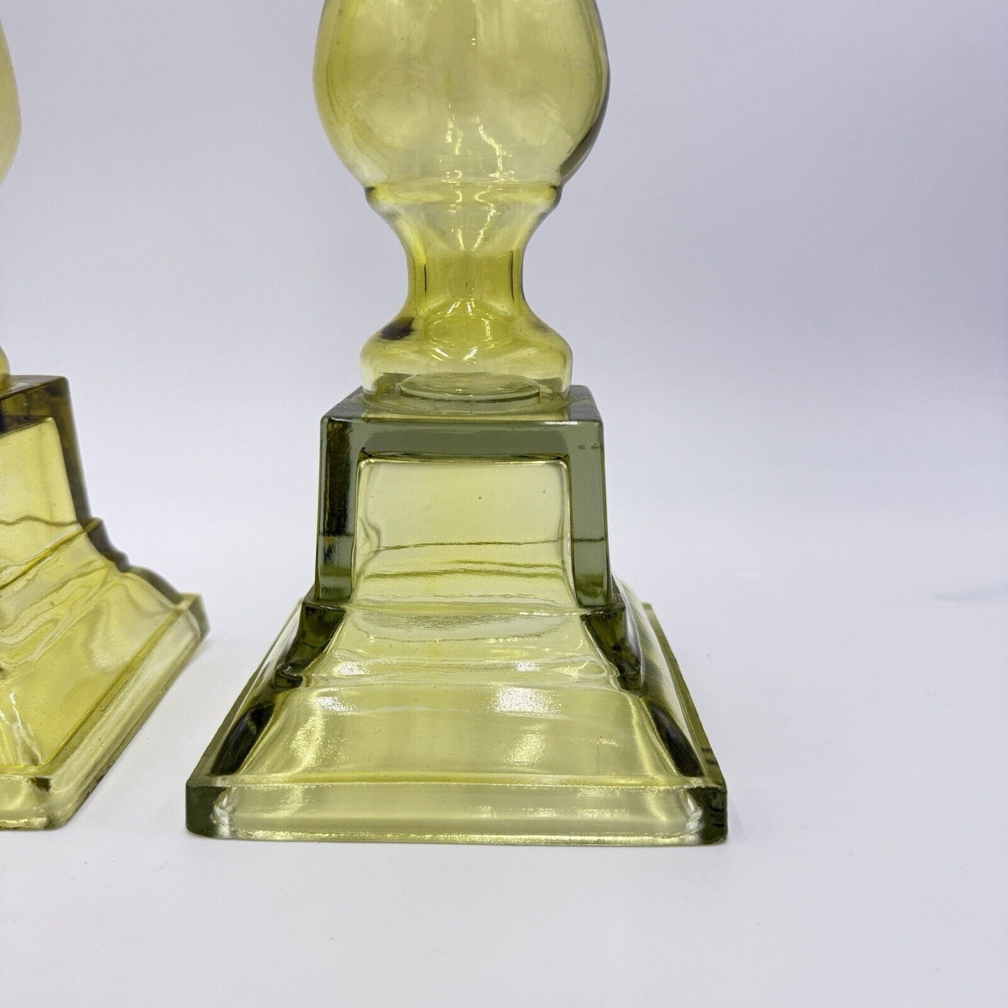 MCM Yellow Art Glass Candle holders By Lazy Susan Square Base Round Top 2