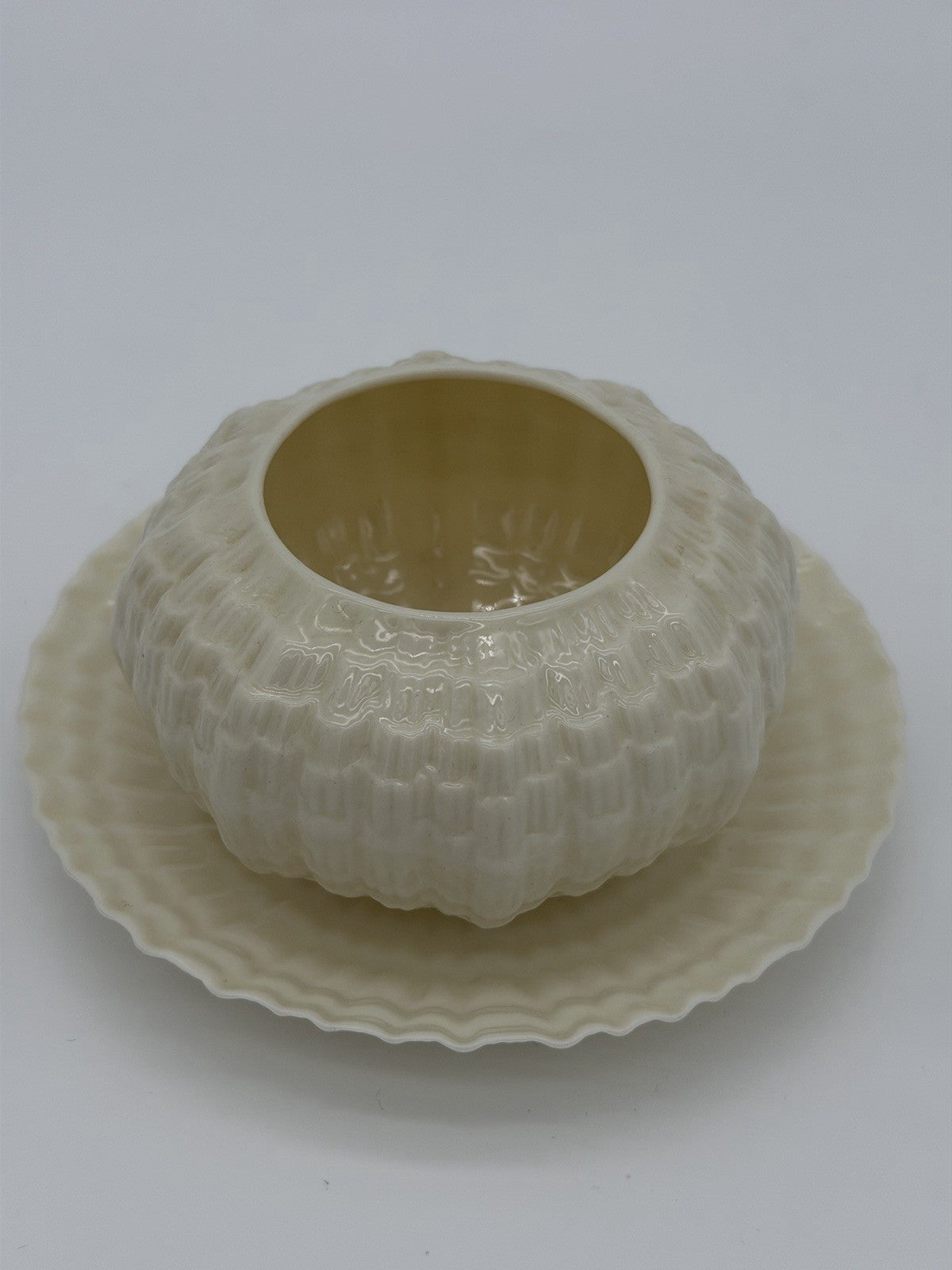 Belleek Ireland Tridacna Open Sugar Bowl & Saucer Sea Shell Porcelain Set 2 PCs