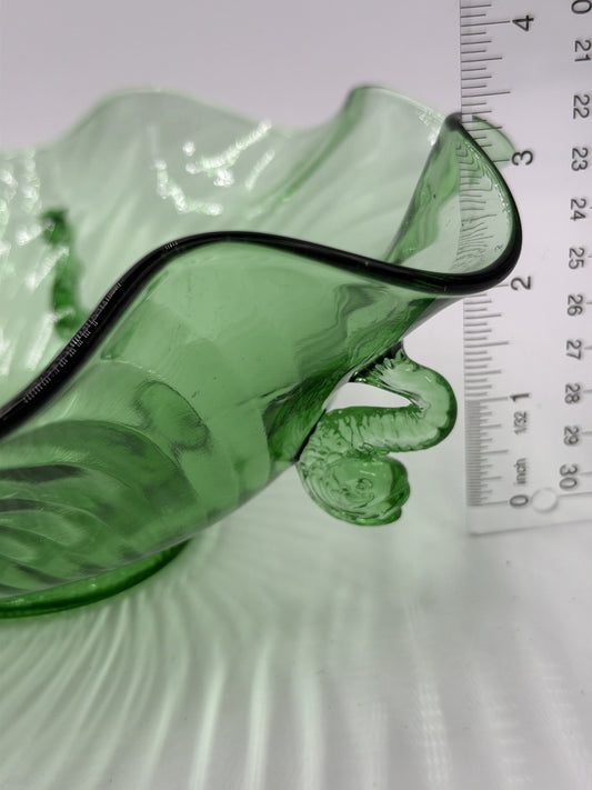 Rare Fenton Art Glass Green Emerald Scalloped Dolphin Art Deco Candy Bowl 3”x9”h