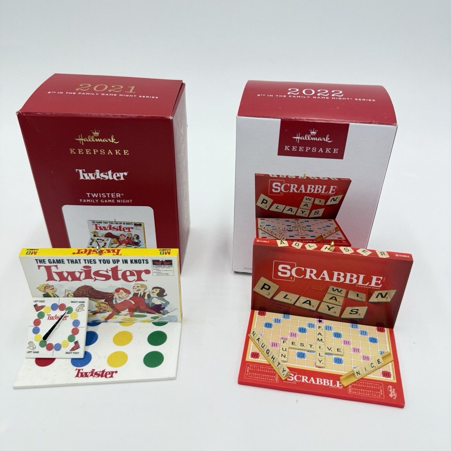 Hallmark FAMILY GAME NIGHT Ornaments 2021 TWISTER & 2022 SCRABBLE NIB