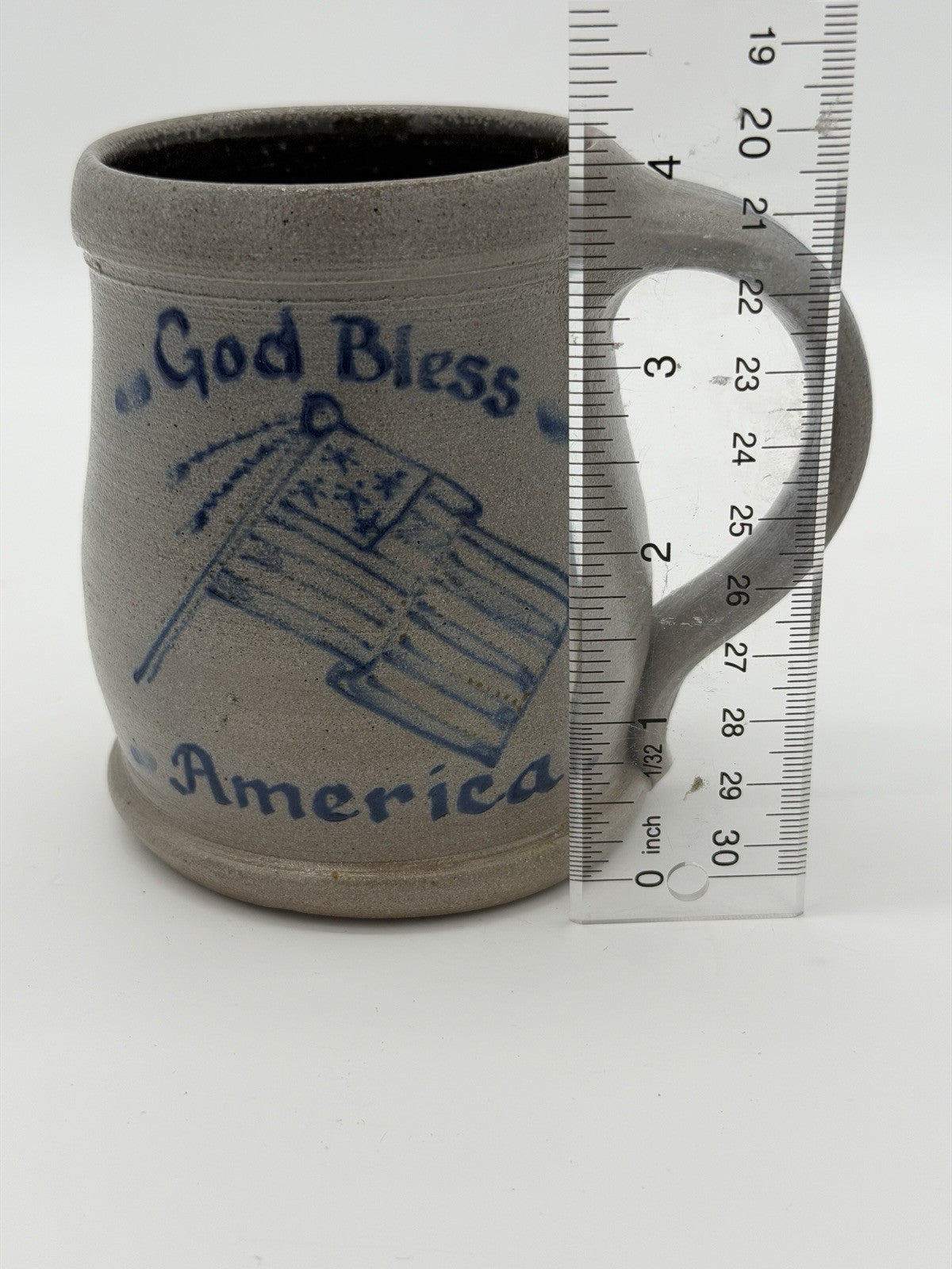 Rowe Pottery Salt Glazed God Bless America Coffee Mug American Flag Patriotic