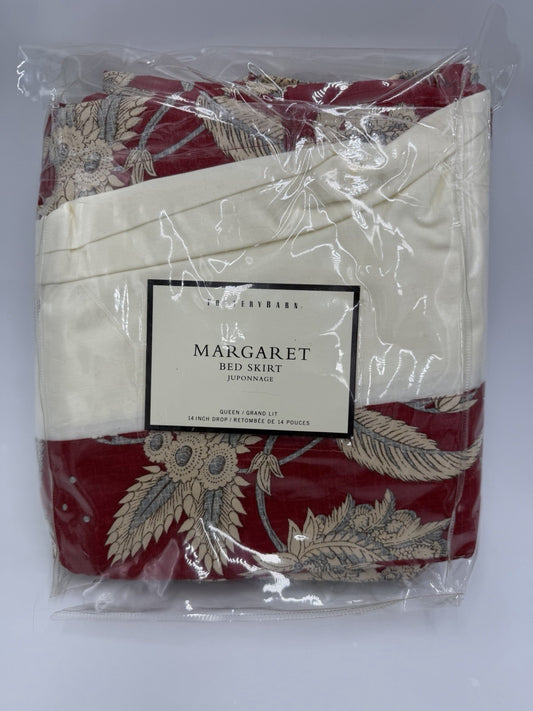Pottery Barn Margaret bed skirt juponnage Cotton Linen Floral Beige Red Queen