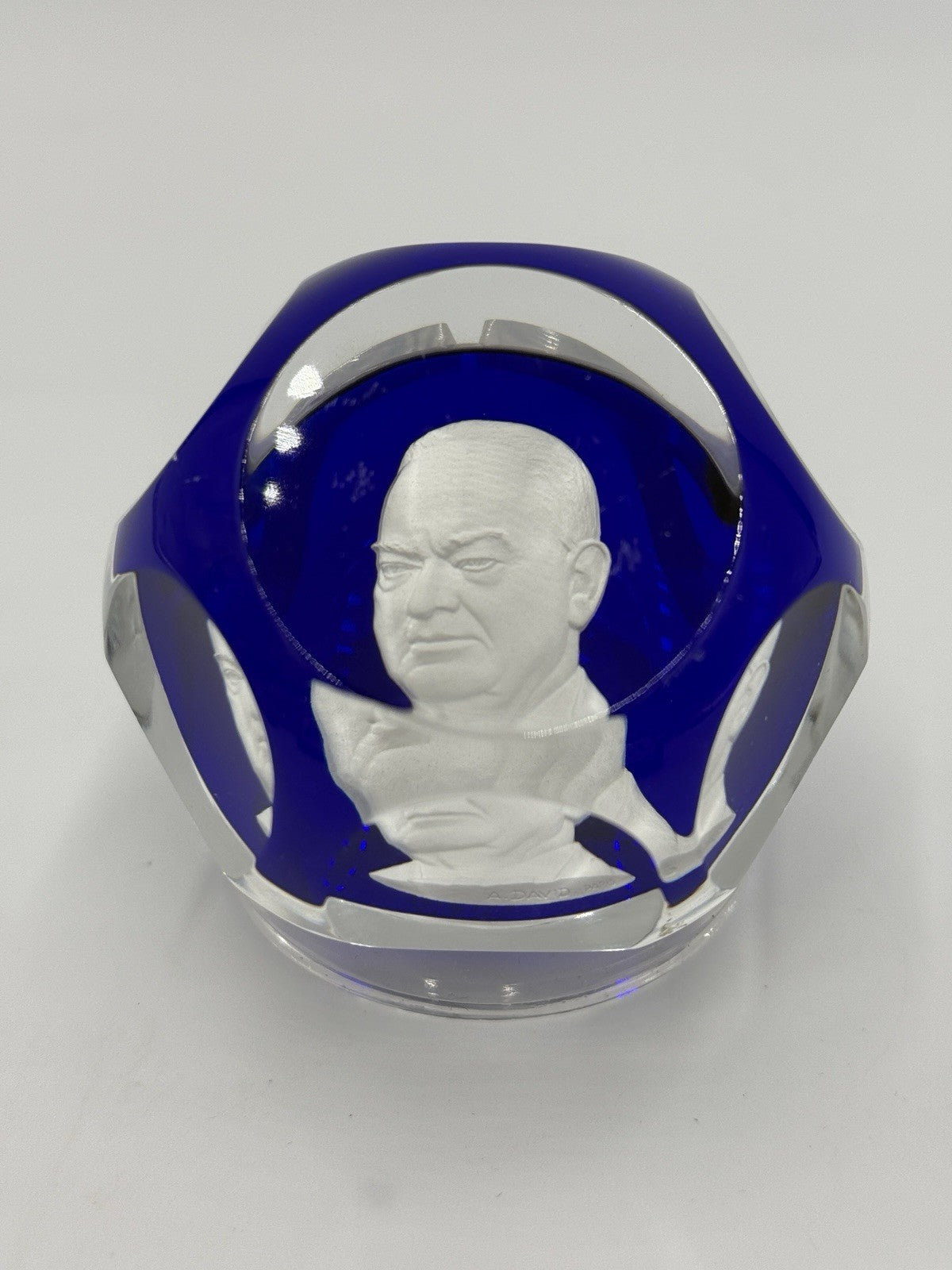 Baccarat Blue French Crystal Paperweight President Herbert Hoover Cameo