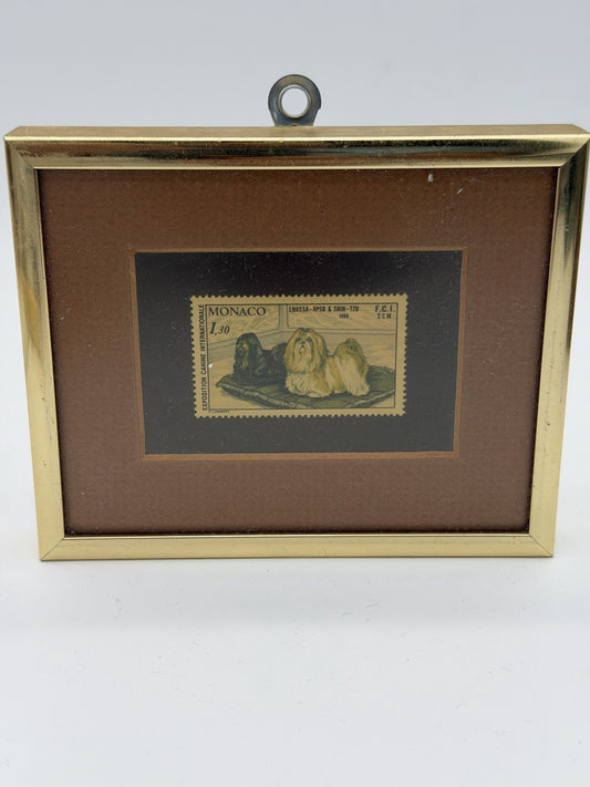 1980 postage stamp Monaco Lhasa Apso & Shih-Tzu dogs mini gold frame 4x5