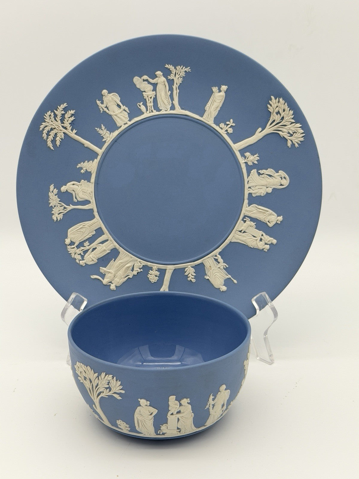 Wedgwood Jasperware England Blue/white Plate & Bowl Porcelain Set Vintage