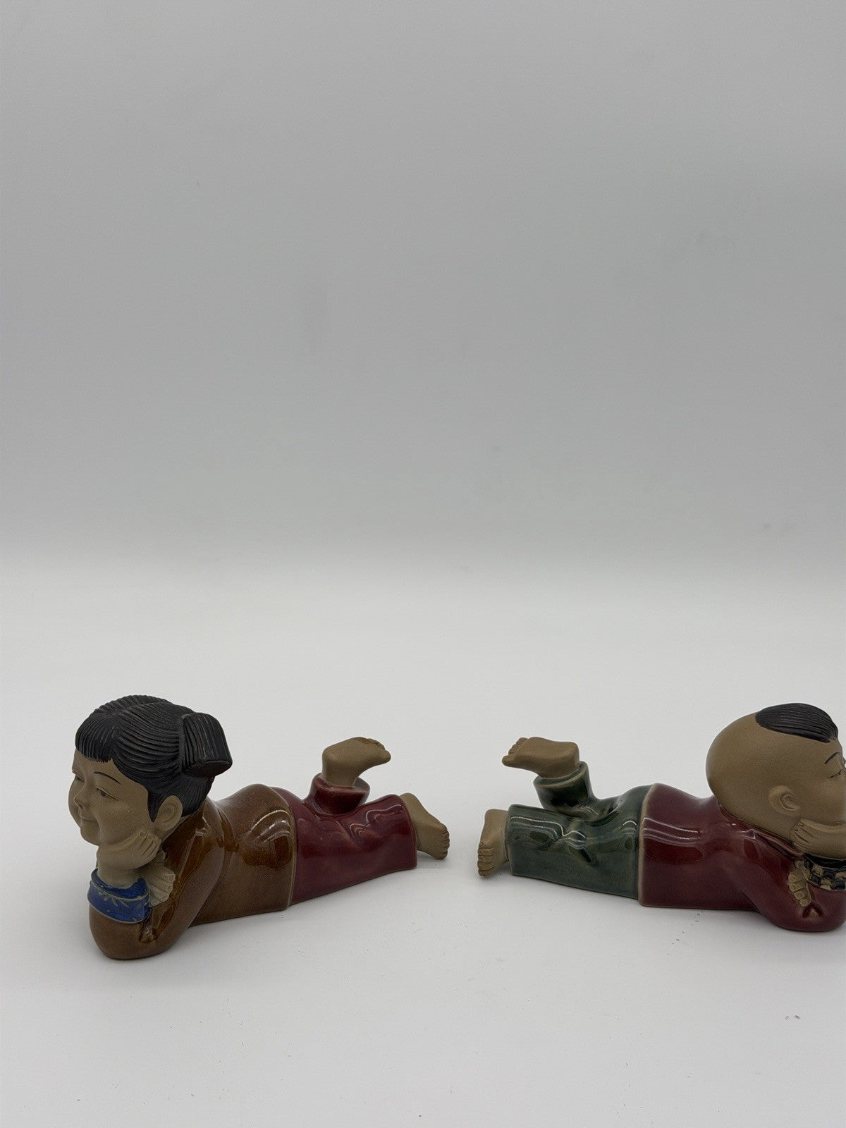 Vintage Chinese Japanese Pottery Painted Glazed Pair Boy & Girl Figurines