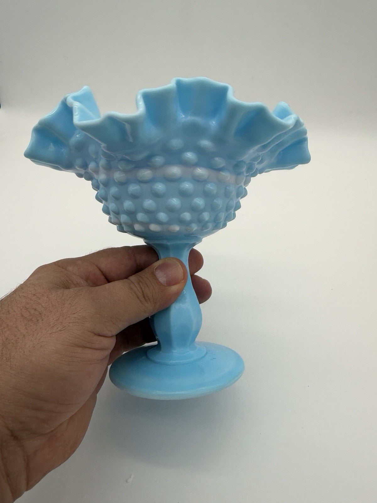 Fenton Blue White Slag Glass Hobnail Pedestal Compote Vtg Ruffled Edge 5.5”x6”