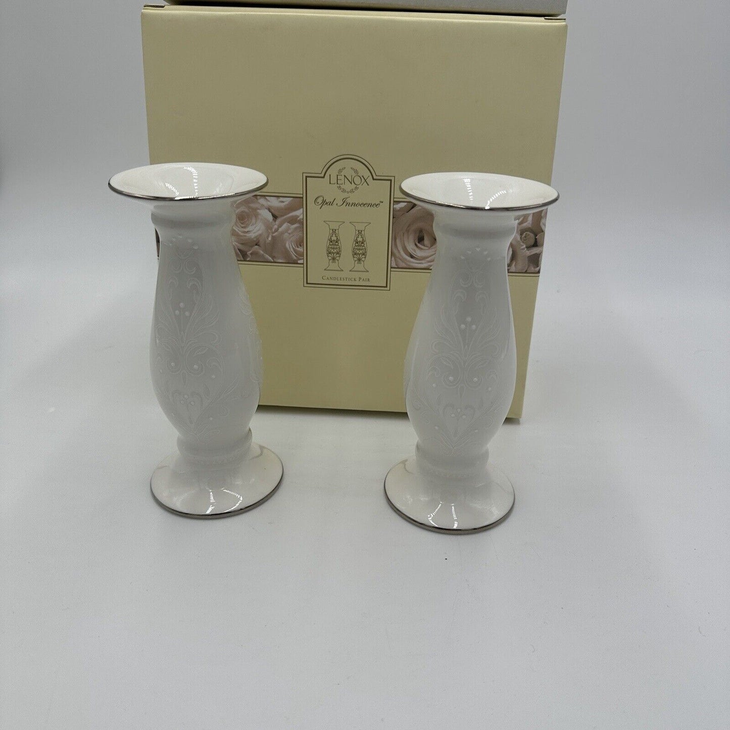 Lenox Candlesticks Set Table Decor Home Dining Porcelain White Opal Innocence