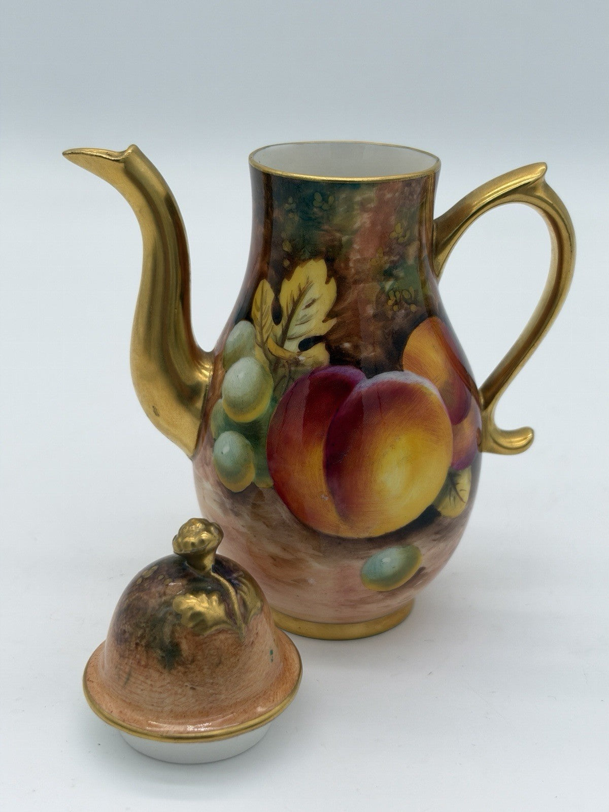 Royal Worcester England Porcelain Hand Painted 5” Teapot Orchard Peaches Gold