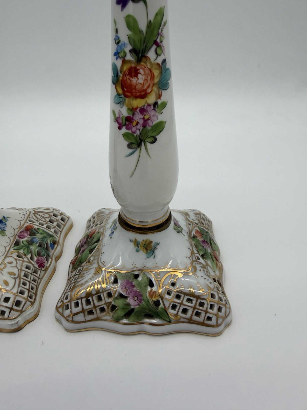 Antique  Dresden Porcelain Carl Thieme Saxony Reticulated 10" Candlestick Floral