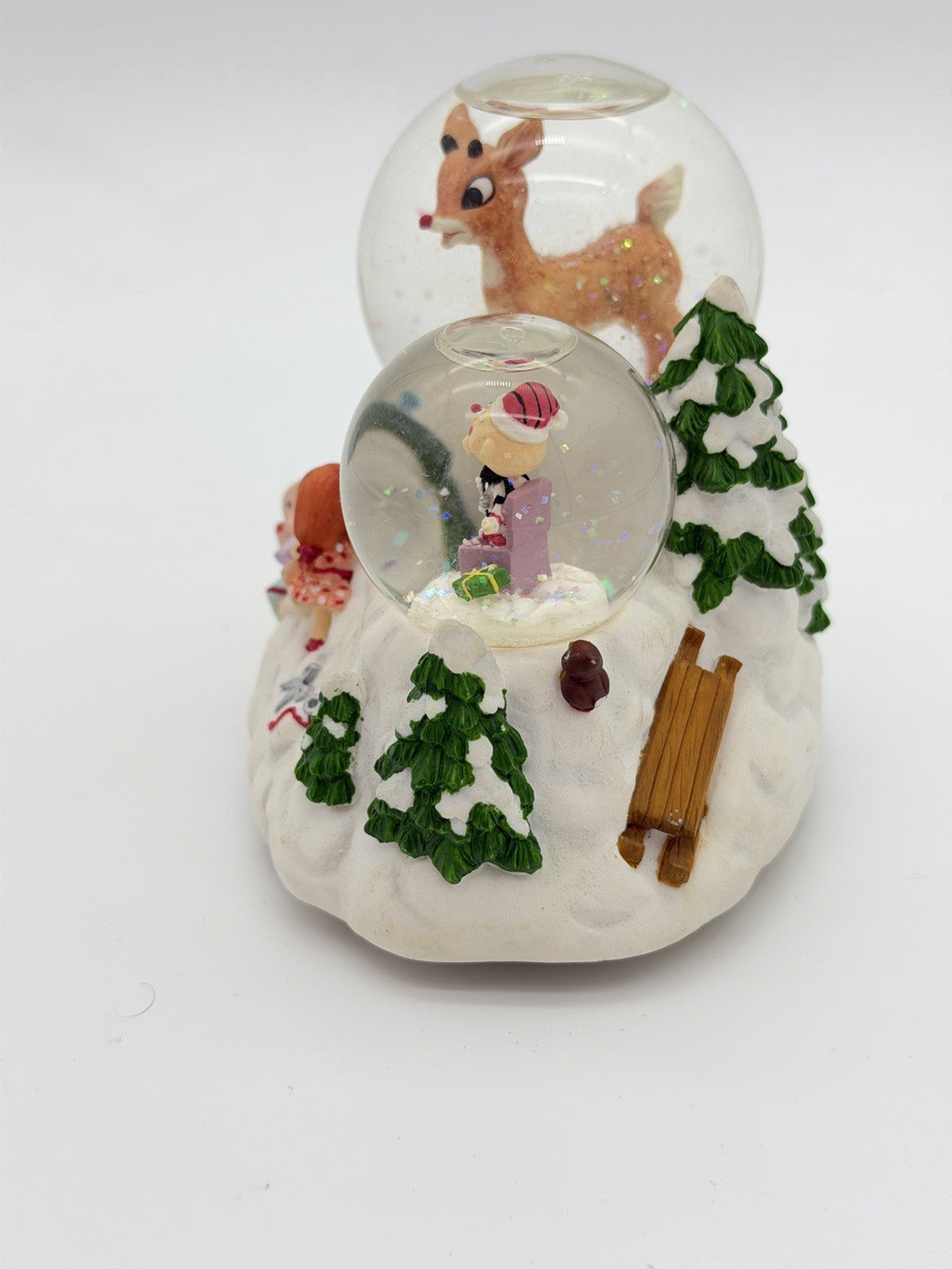 Rare Rudolph Red Nosed Reindeer & Charlie In the Box Musical Double Snowglobe