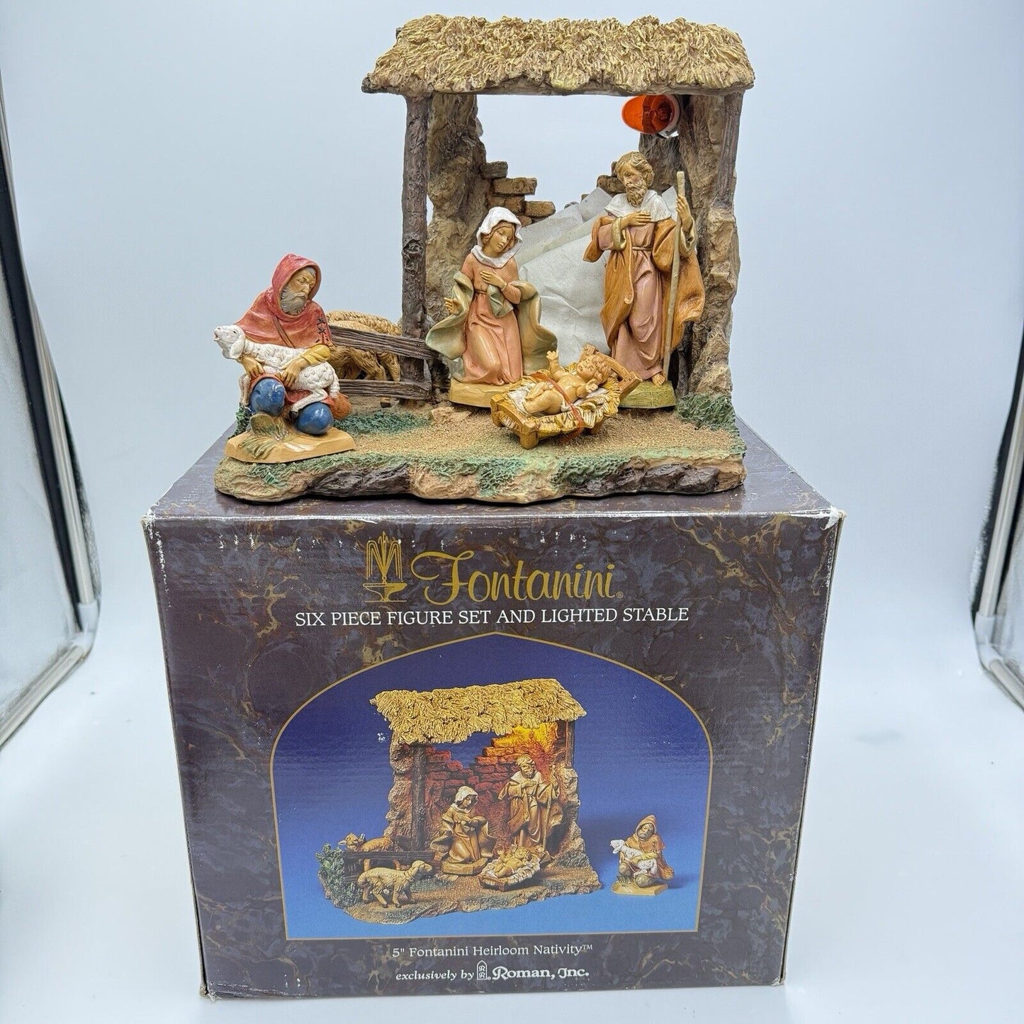 Fontanini 2001 5” Heirloom Nativity 6 Piece Italy & Lighted Stable # 54503 COA