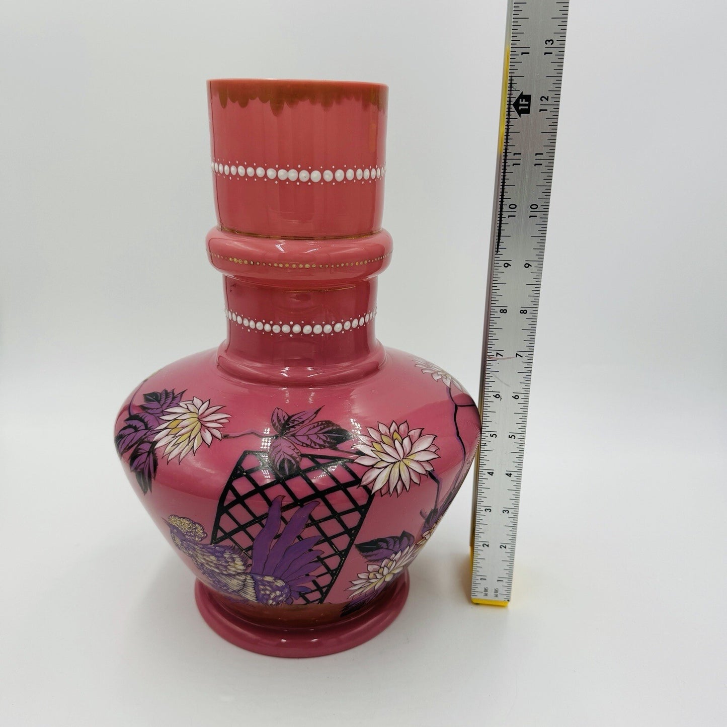 Victorian Aesthetic Pink Opaline Glass Vase Roosters Fighting Daisies Large Rare