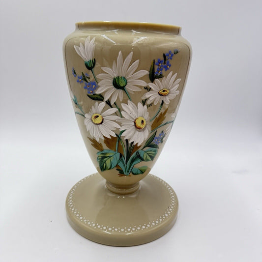 Antique Victorian Bristol Art Glass Hand Painted Daisies Footed Large Vase 11”