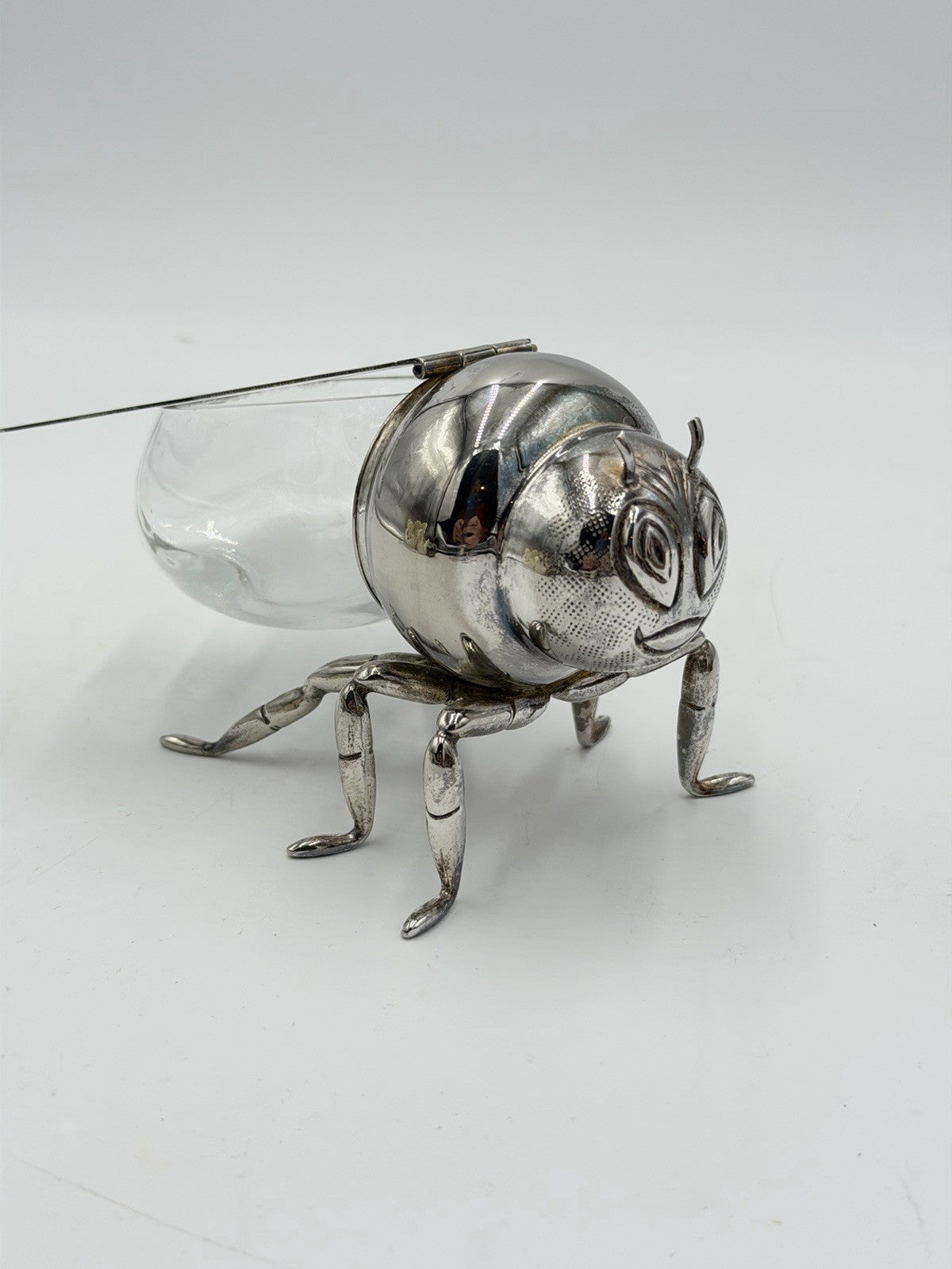 Antique Silver Plate & Glass Honey Bee Honey Pot Unmarked 6" Long x 3" Tall