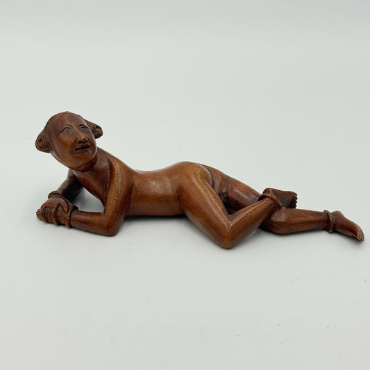 Antique Chinese Netsuke Wood Carved Women Posing Figurine Folk Art Hand Carved
