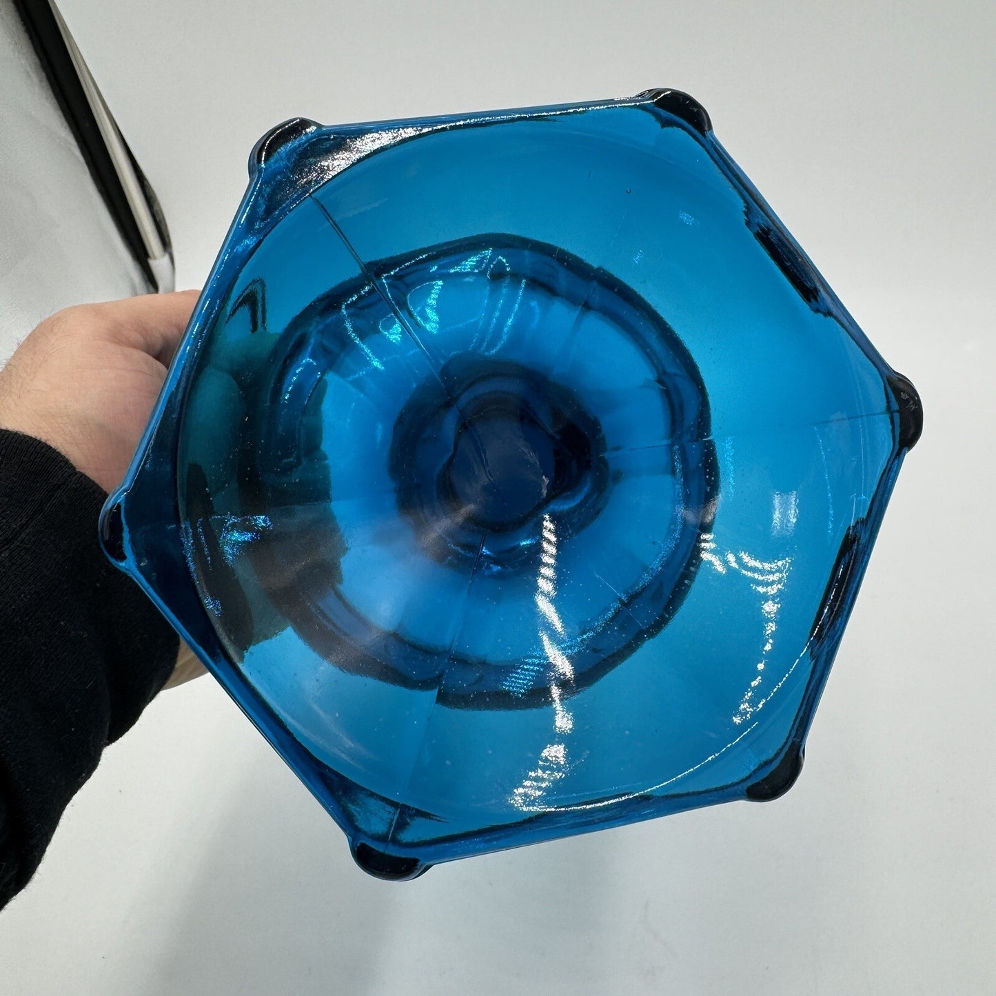 MCM Viking Candy Dish Blue Art Glass 1960s Bluenique Pedestal 6in Beautiful